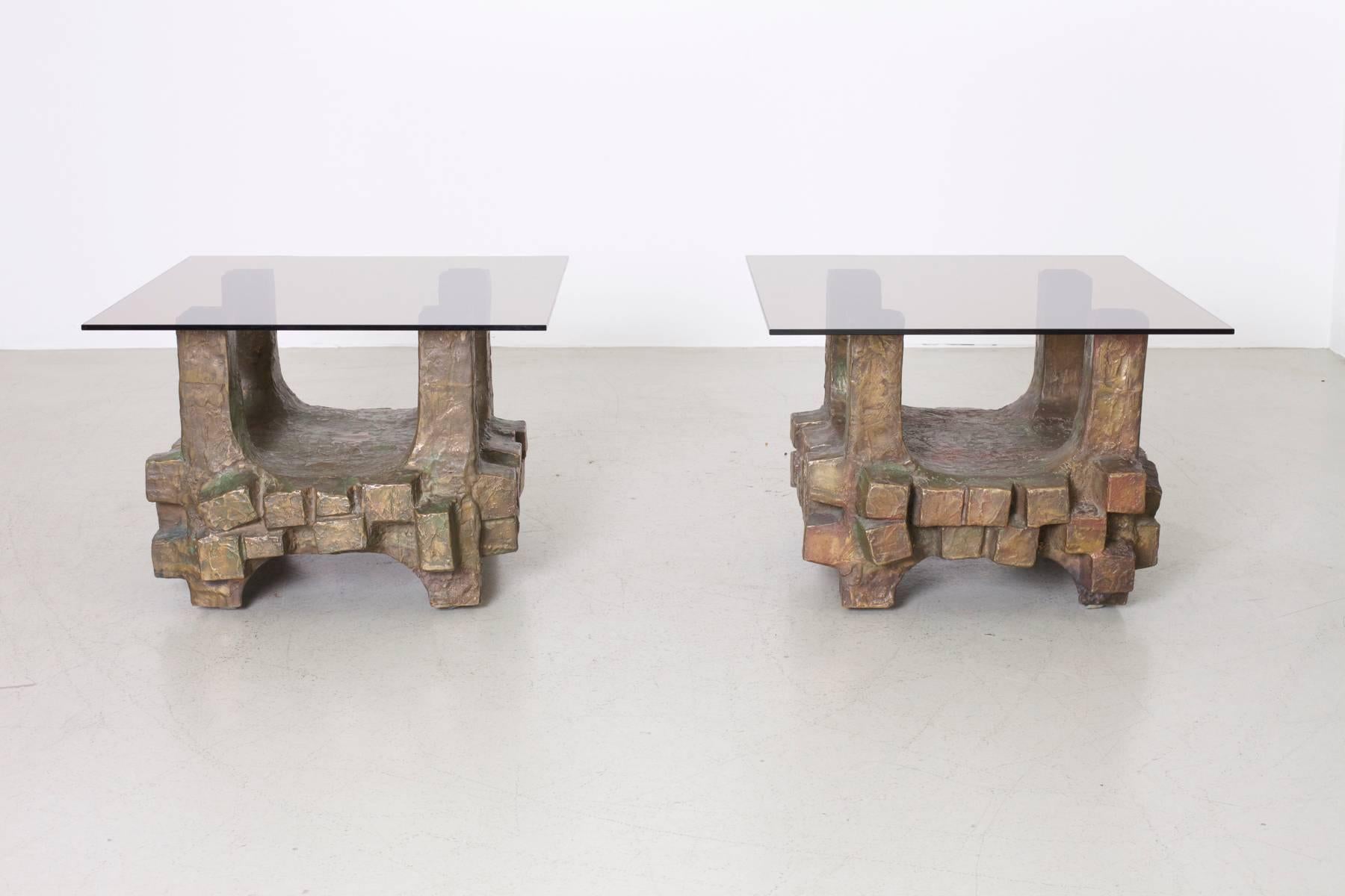 Wonderful and very impressive pair of massive bronze side tables. The tables are made by an German artist in the 1960s and they’re unique. Measurements are for one base only.


