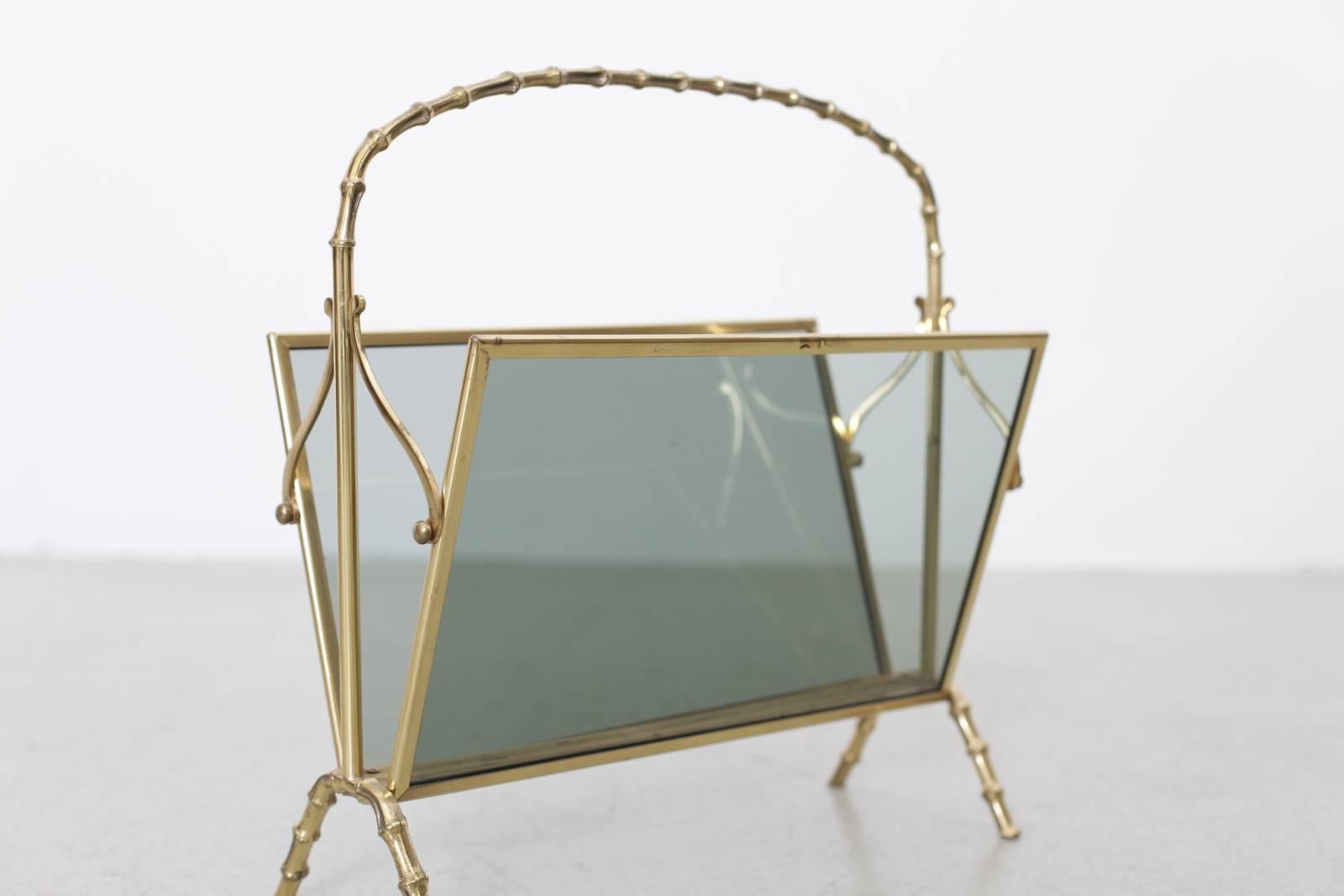 French Maison Bagues Brass and Glass Faux Bamboo Magazine Rack For Sale