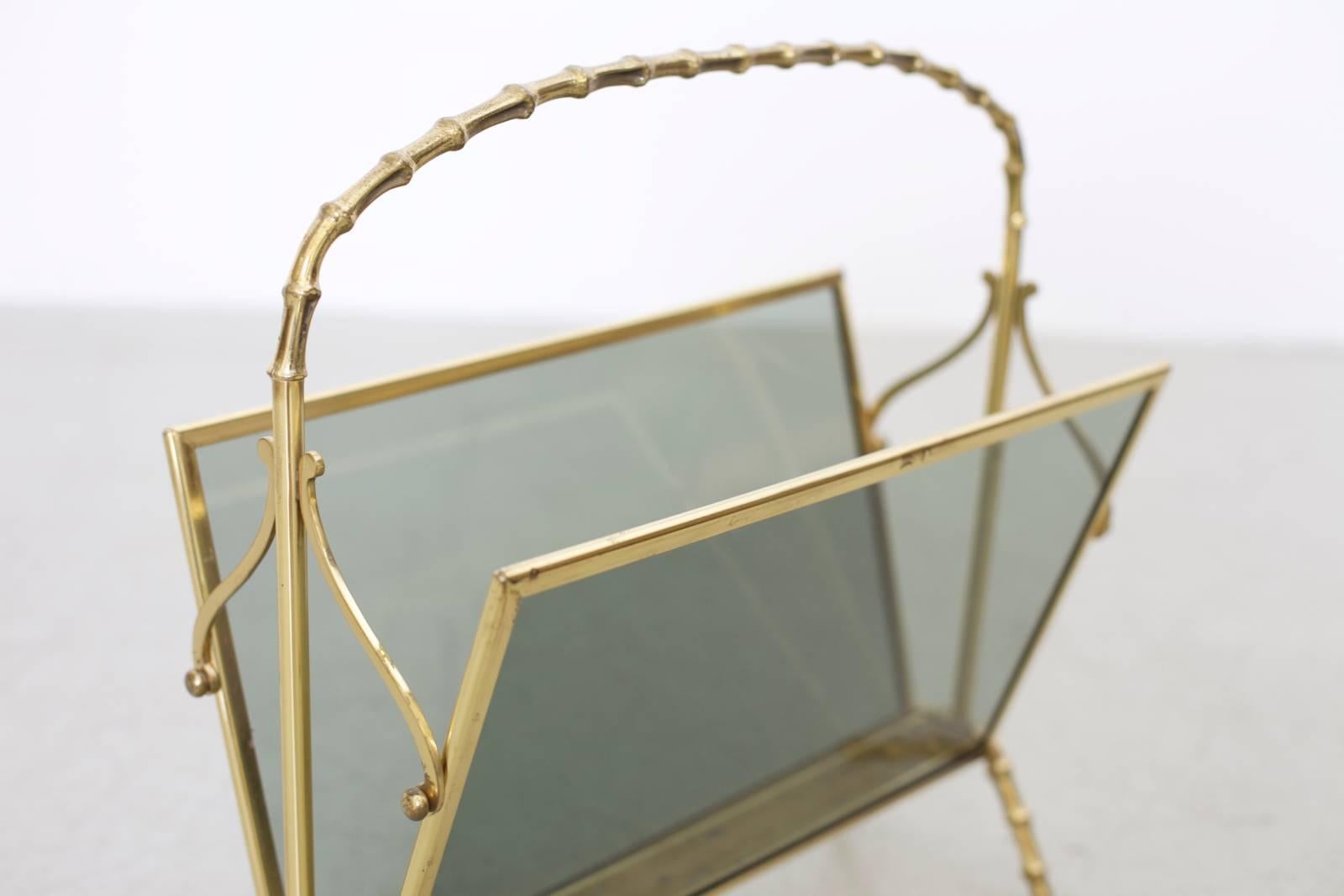 Maison Bagues Brass and Glass Faux Bamboo Magazine Rack In Excellent Condition For Sale In Berlin, BE