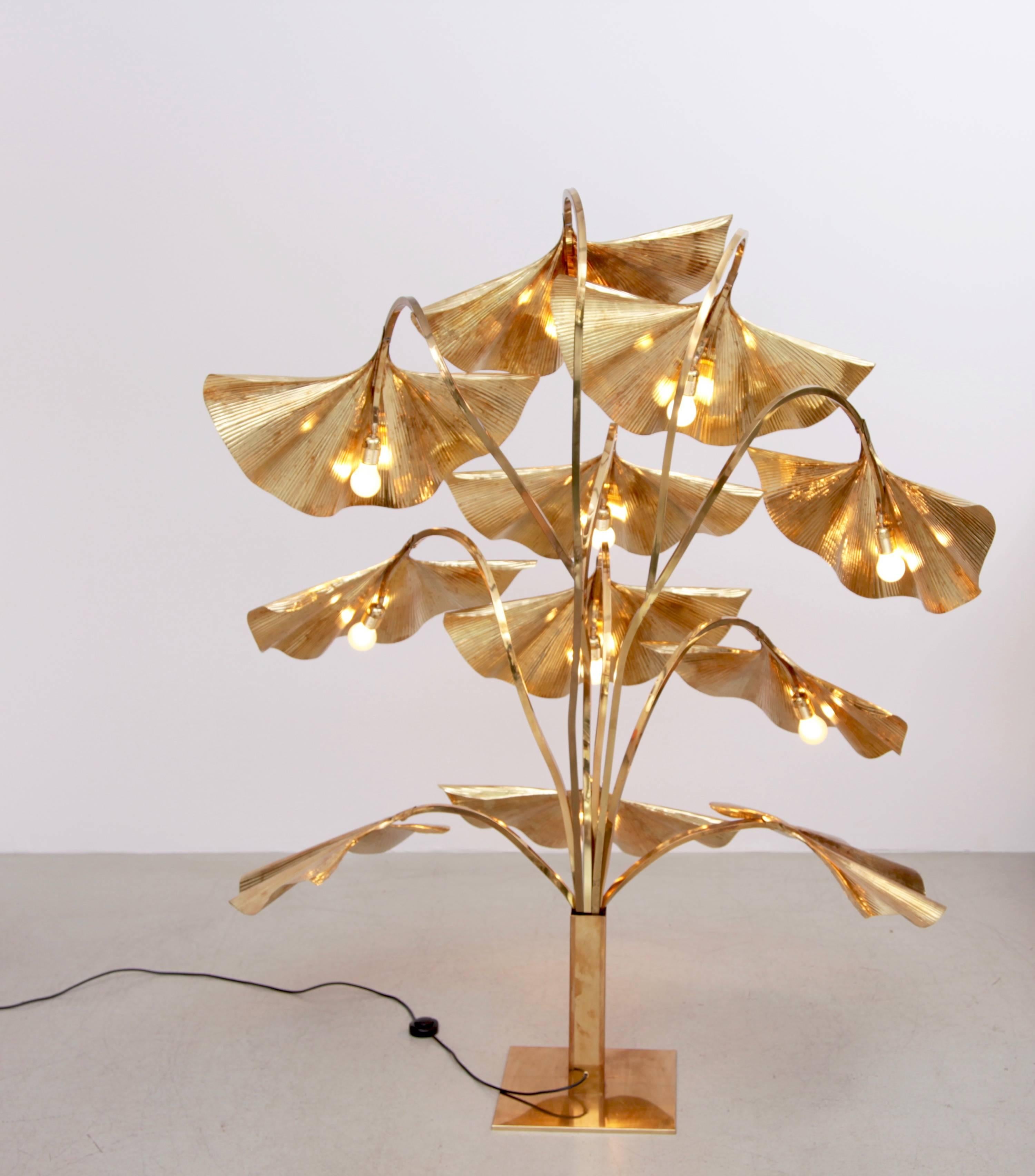 Italian Very Huge Ginkgo Leaf Brass Floor Lamp by Tommaso Barbi