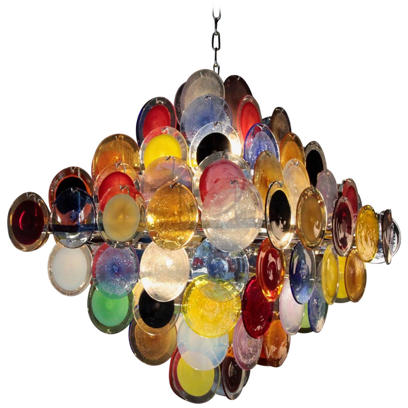 Monumental Multi-Color Murano Glass Disc Chandelier by Vistosi For Sale