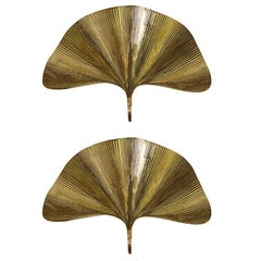 Pair of Huge Ginkgo Leaf Brass Wall Lights or Sconces by Tommaso Barbi