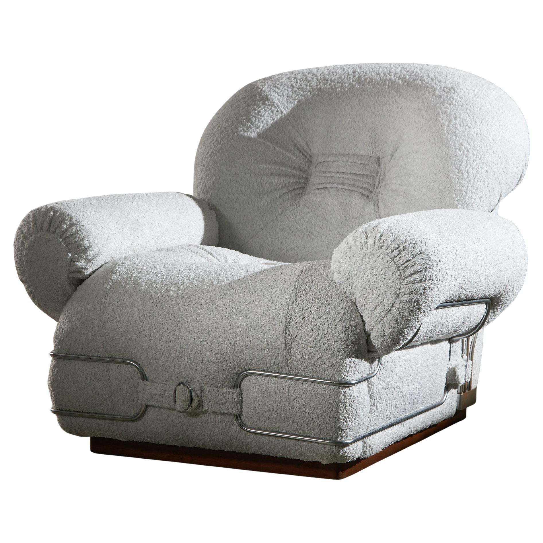 Italian White Bouclé Armchair with Chrome Accents For Sale