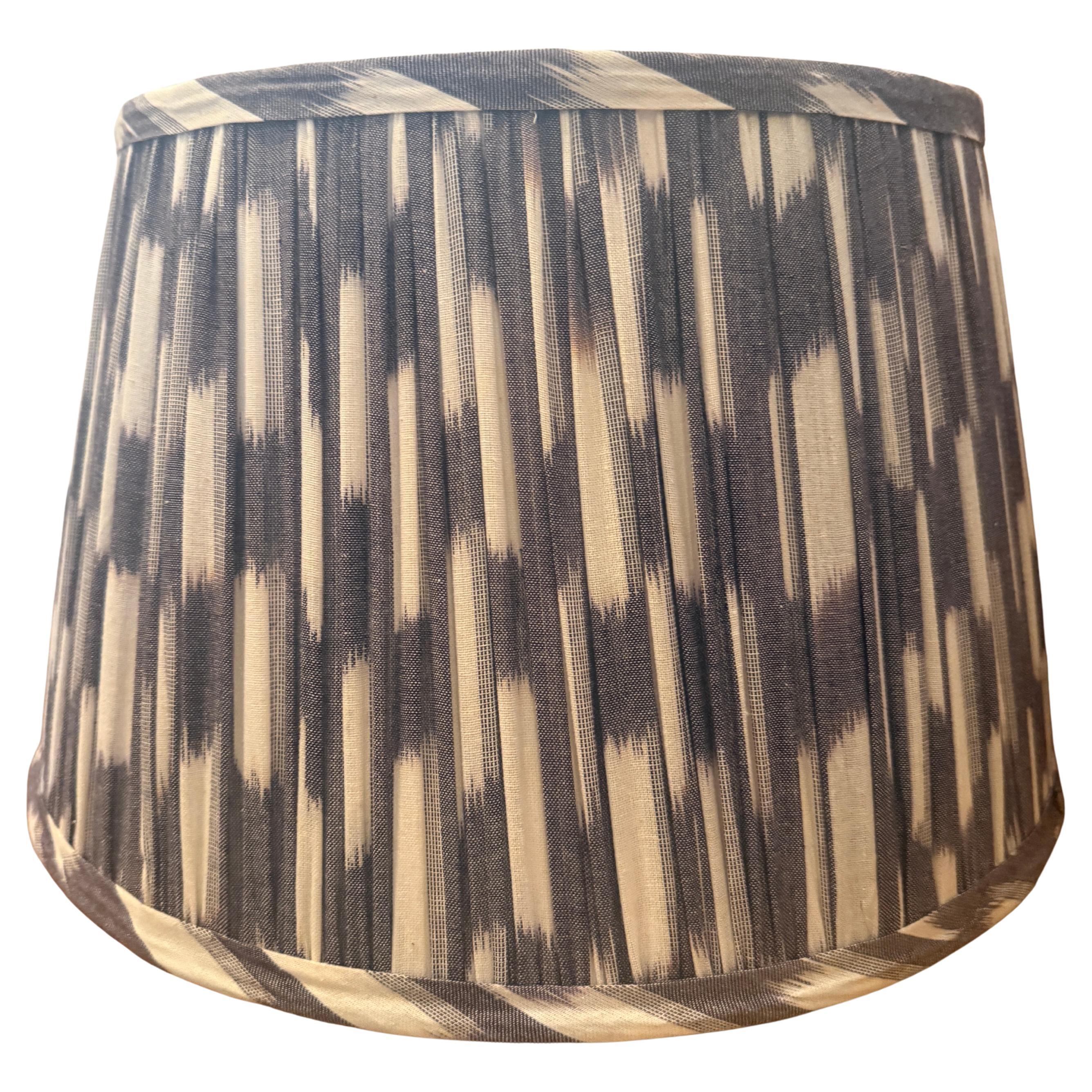 Hand-Pleated Ikat Lampshade in Indigo Linen Blend, 40cm For Sale