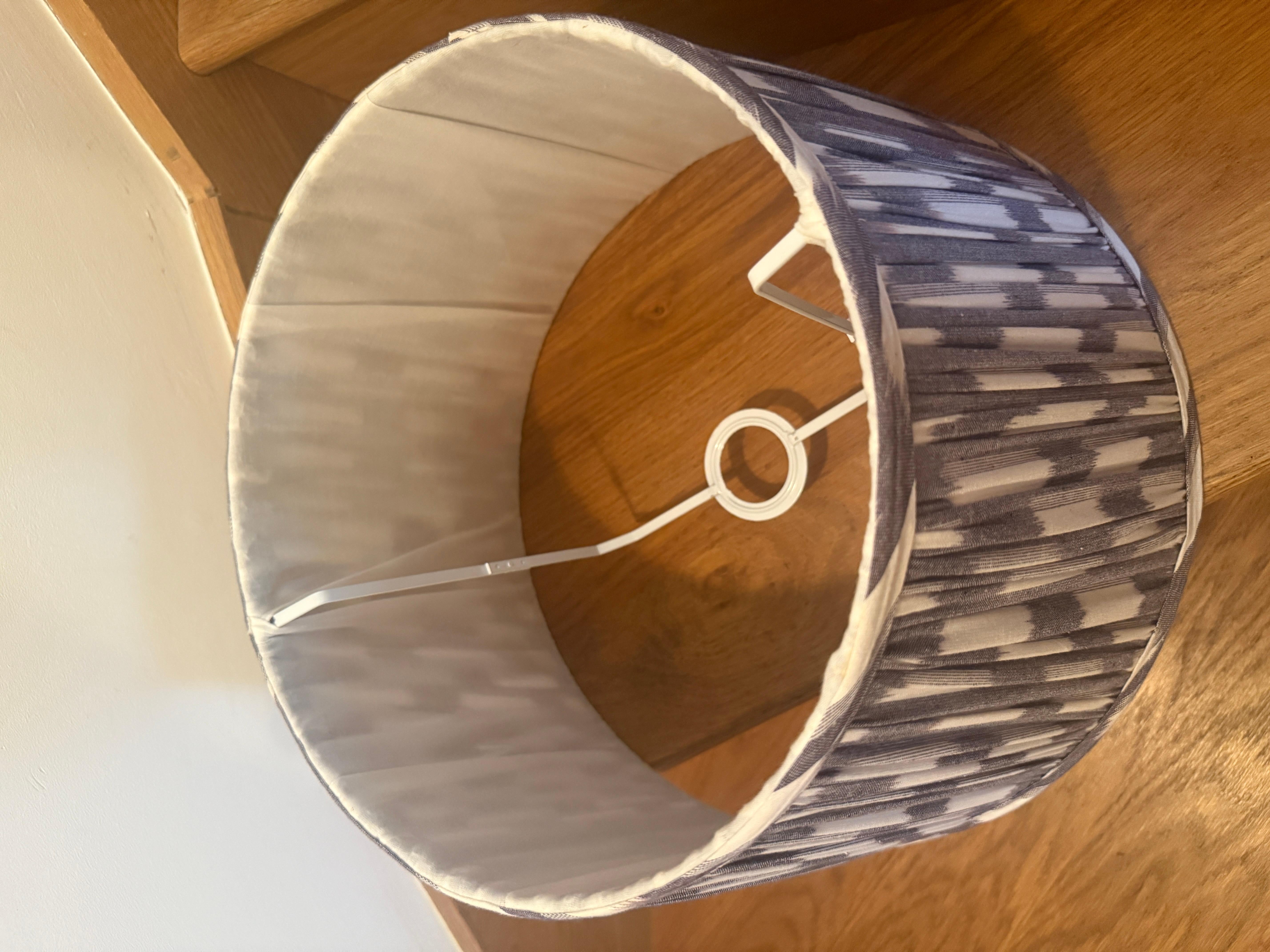 Hand-Pleated Ikat Lampshade in Indigo Linen Blend, 40cm For Sale 1