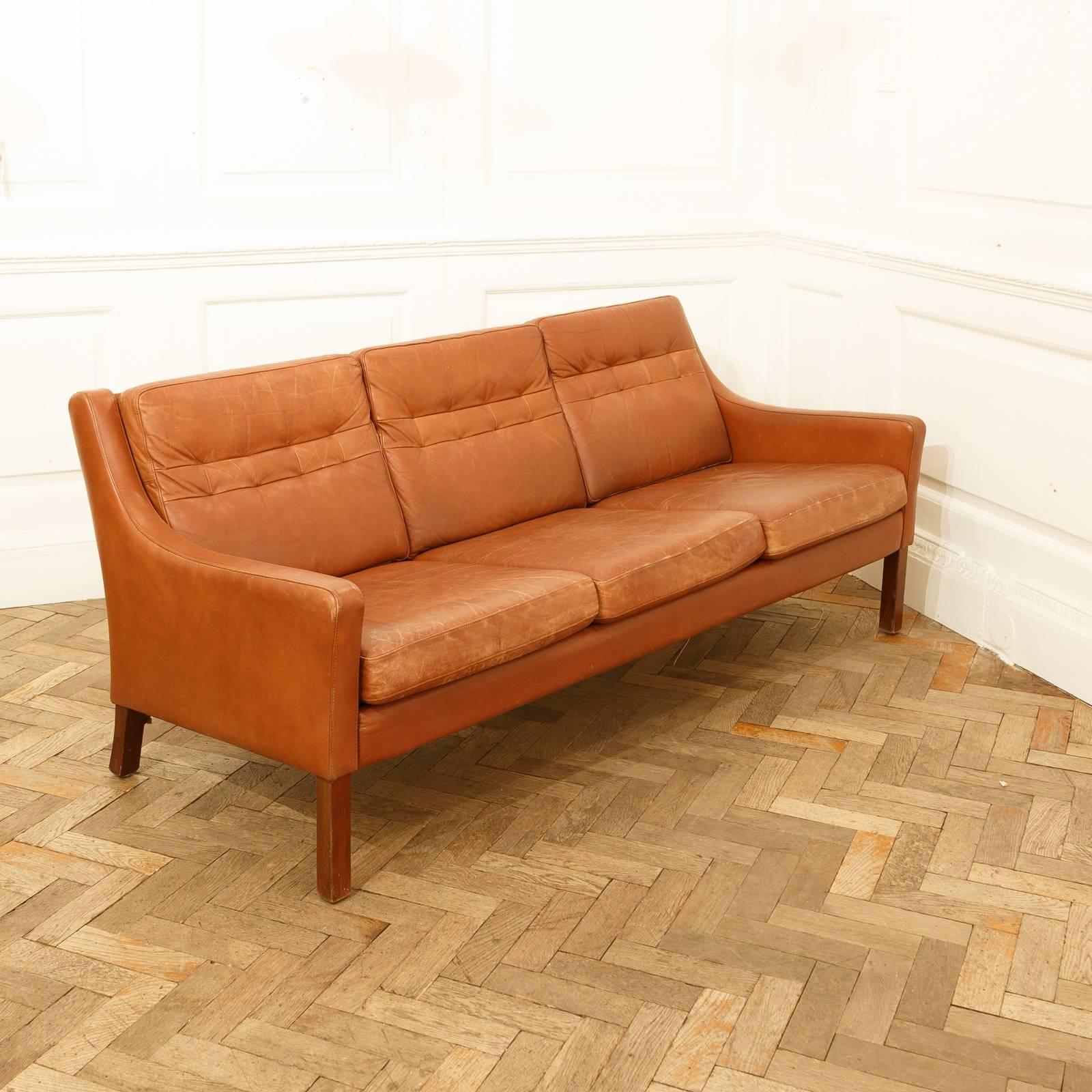 Mid-Century Modern 1960s Cognac Leather Sofa after Børge Mogensen, 2213