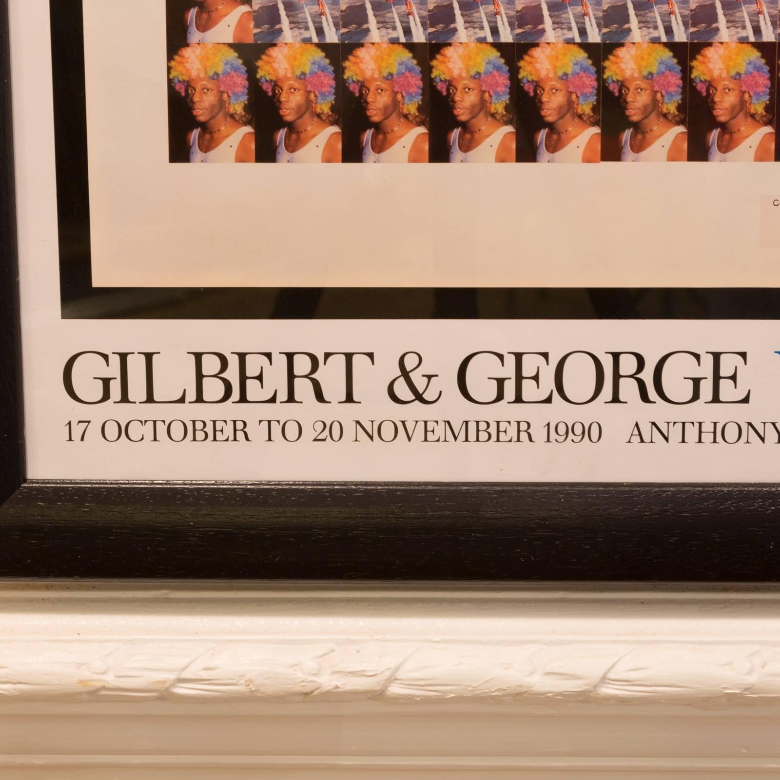 A framed exhibition poster depicting Gilbert and George's exhibit 'Worlds & Windows' at the Anthony d'Offay Gallery, Dering Street, London.