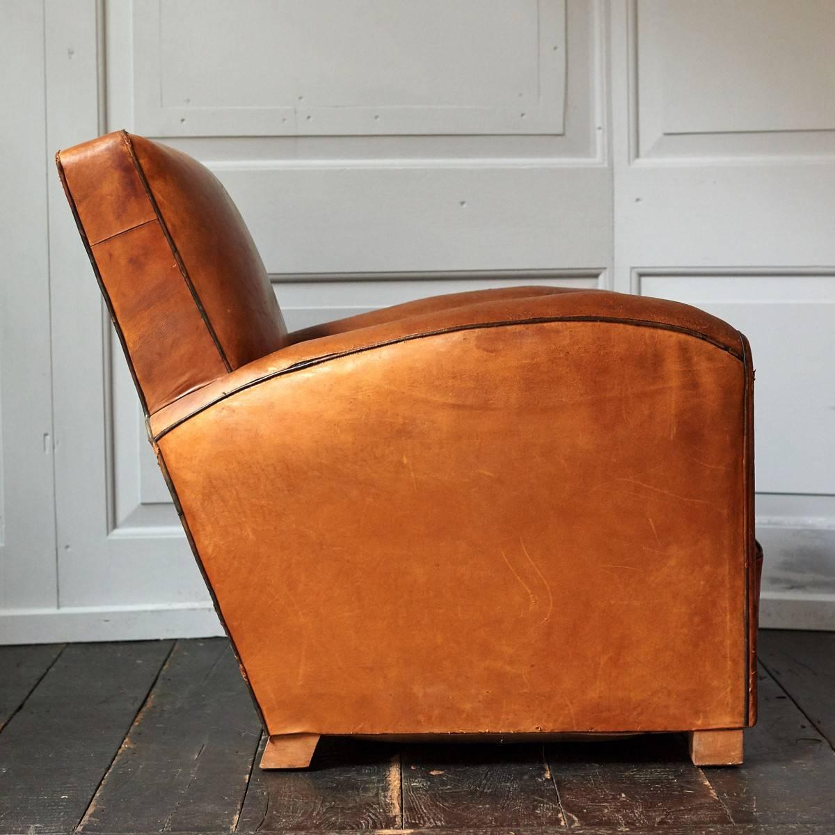 French Pair of 1930s Leather Club Chairs