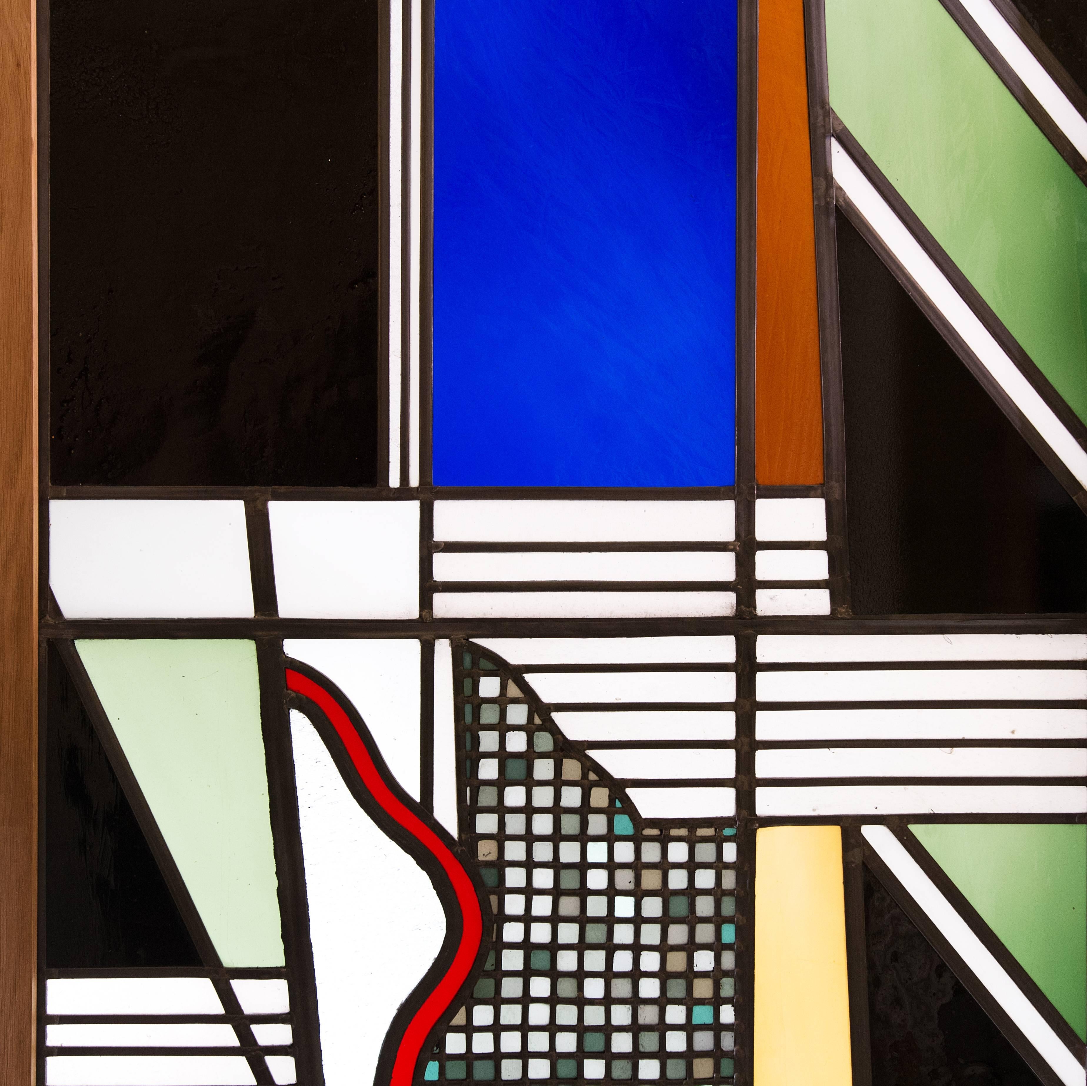 An exceptional and large pair of stained glass panels removed from Unilever House, London, a famous neoclassical building on the north bank of the River Thames at Blackfriards Bridge,

by artist Amber Hiscott, circa 1980s in the Art Deco taste
