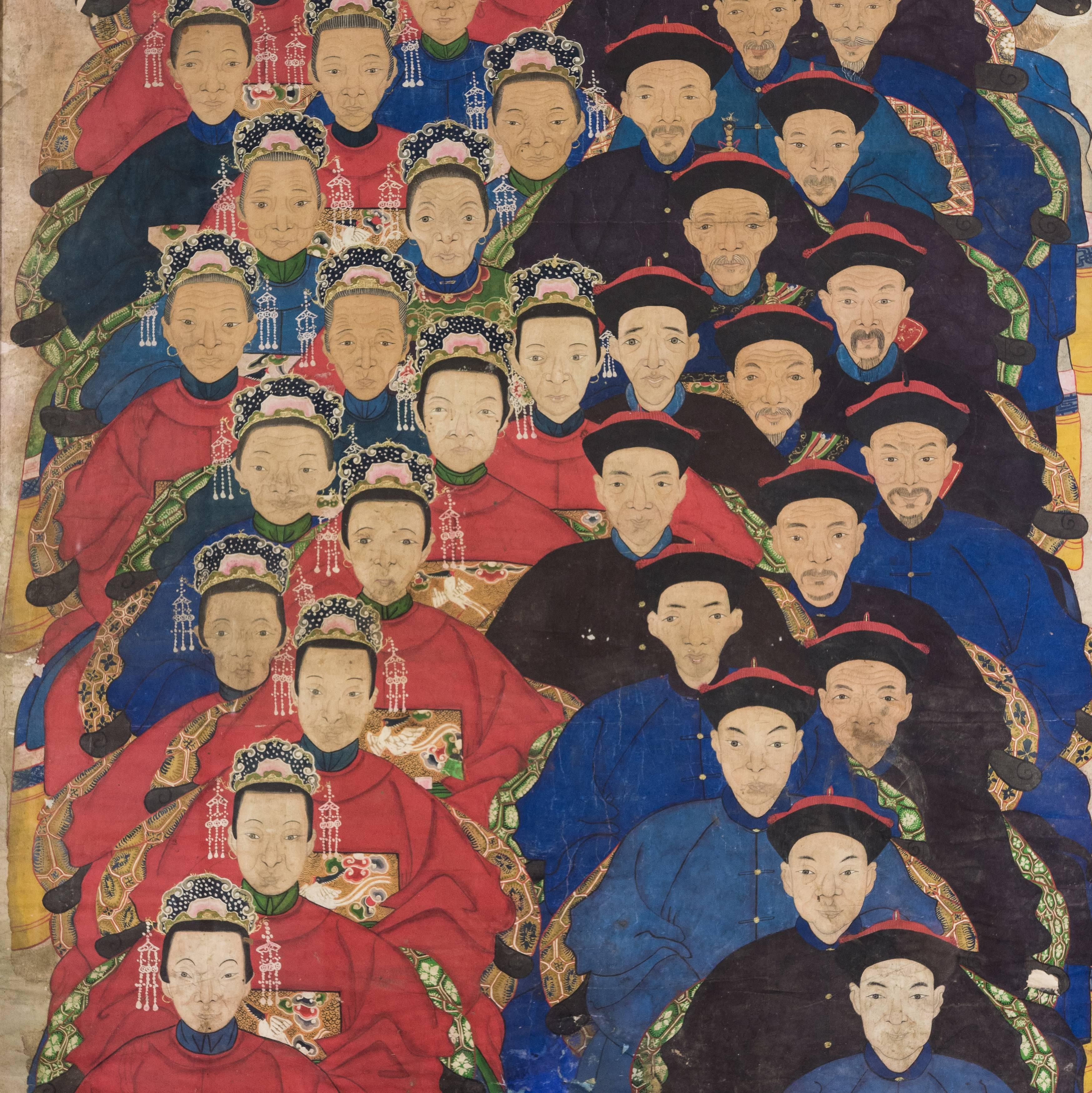 Two Chinese ancestor portraits, Qing dynasty, each generation depicted seated in ceremonial robes.

Dimensions: 177.5 cm (70