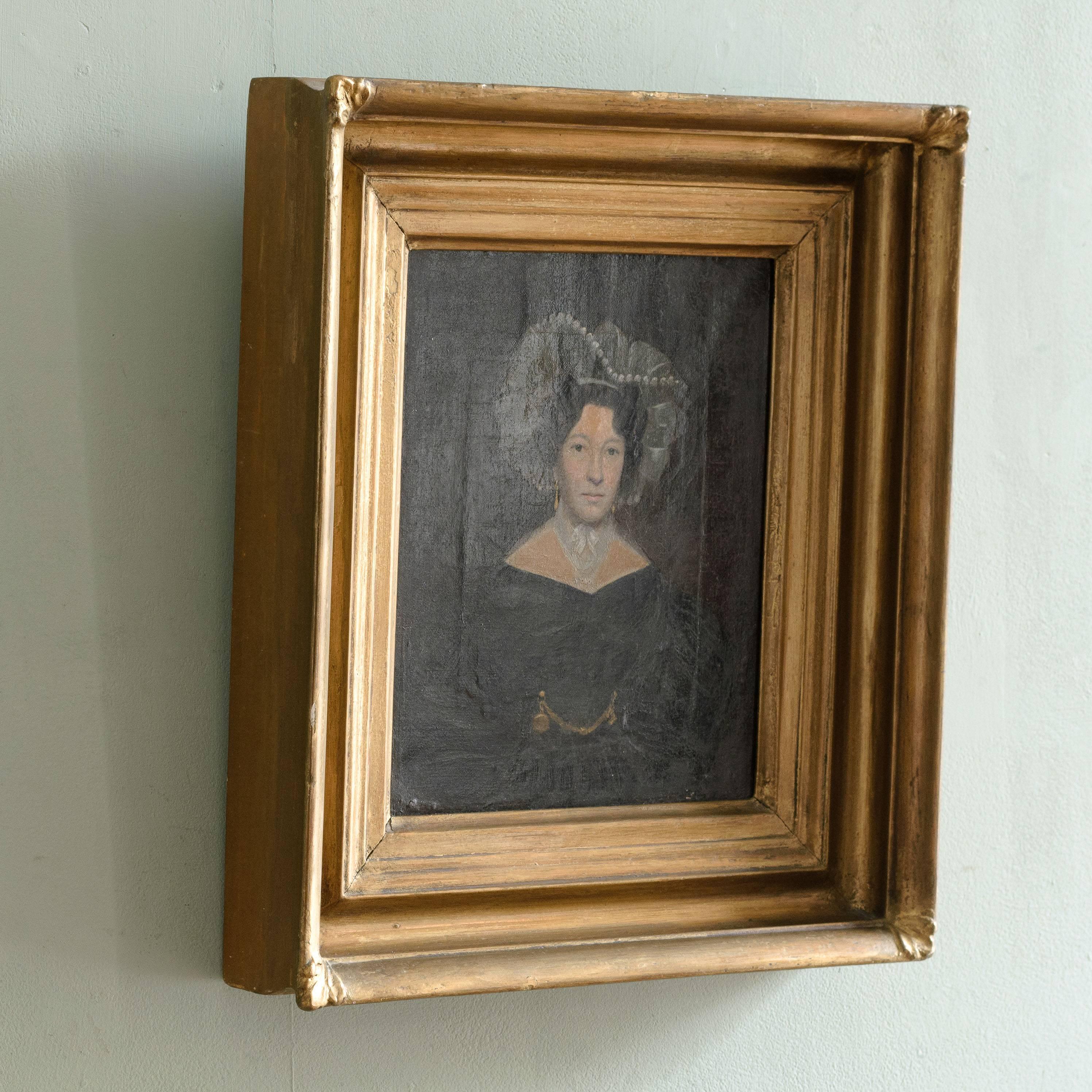 19th century portrait of Mrs Taylor, oil on canvas in period gilt frame by Rowley of Kensington. Mrs Taylor was wife of Major Taylor and aunt of Elizabeth Bray.