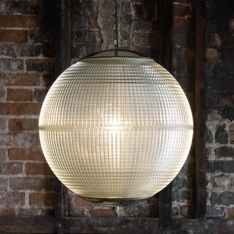 Large French Holophane Pendant Globe Lights with Brass Caps at 1stDibs
