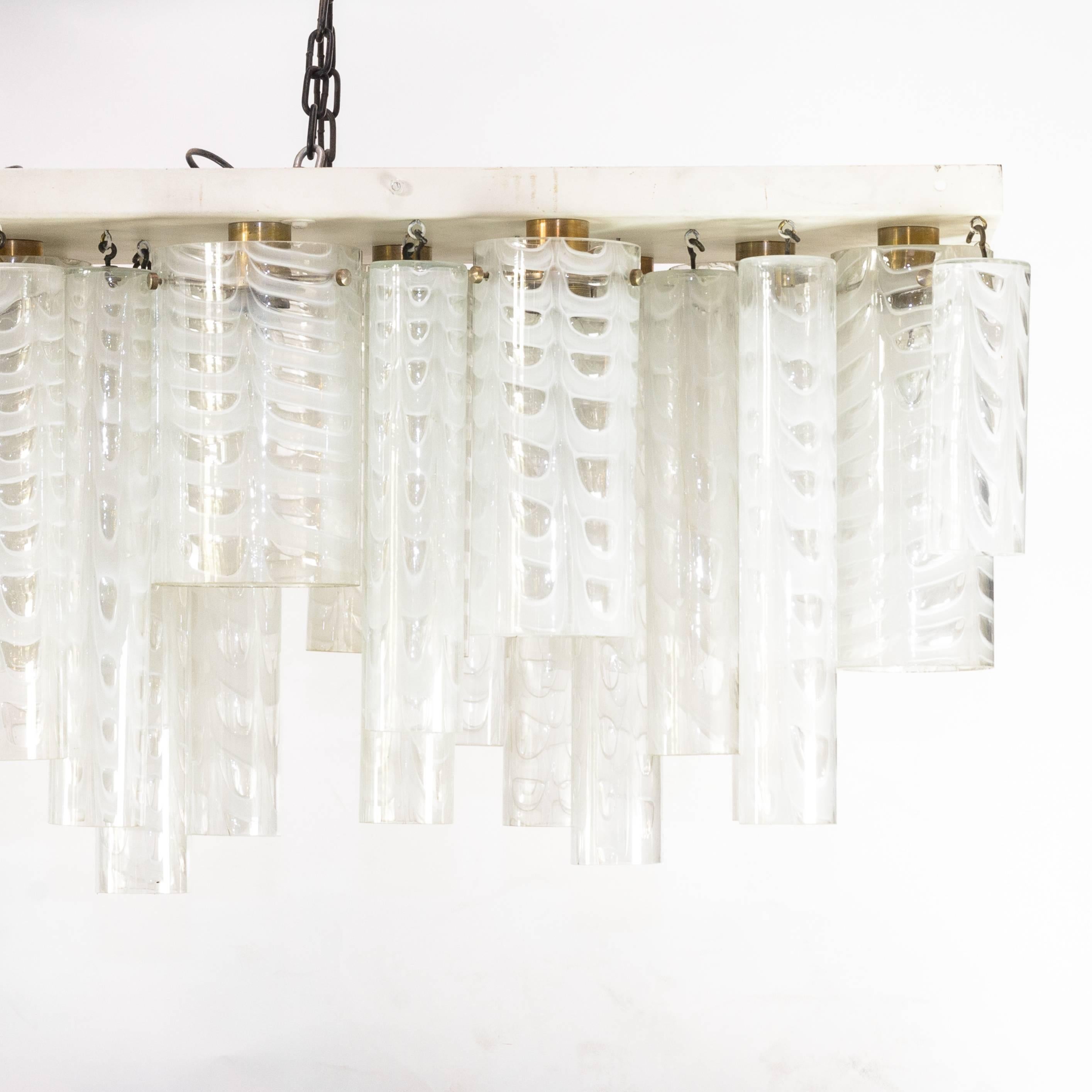 1950s suspended light fitting, the painted frame hung with graduated etched glass cylinders. Re-wired.