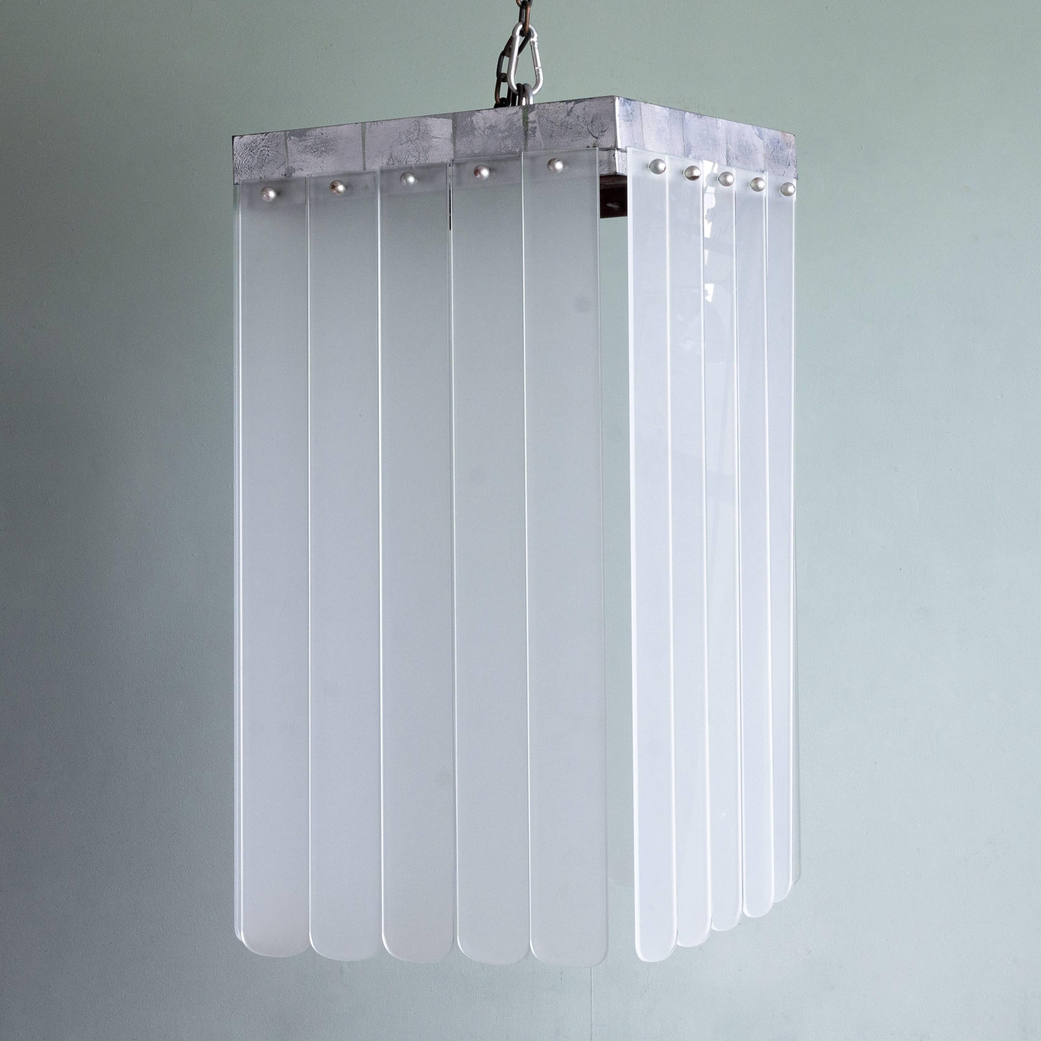 Art Deco style pendant light, the square section silvered iron frame hung with frosted glass.