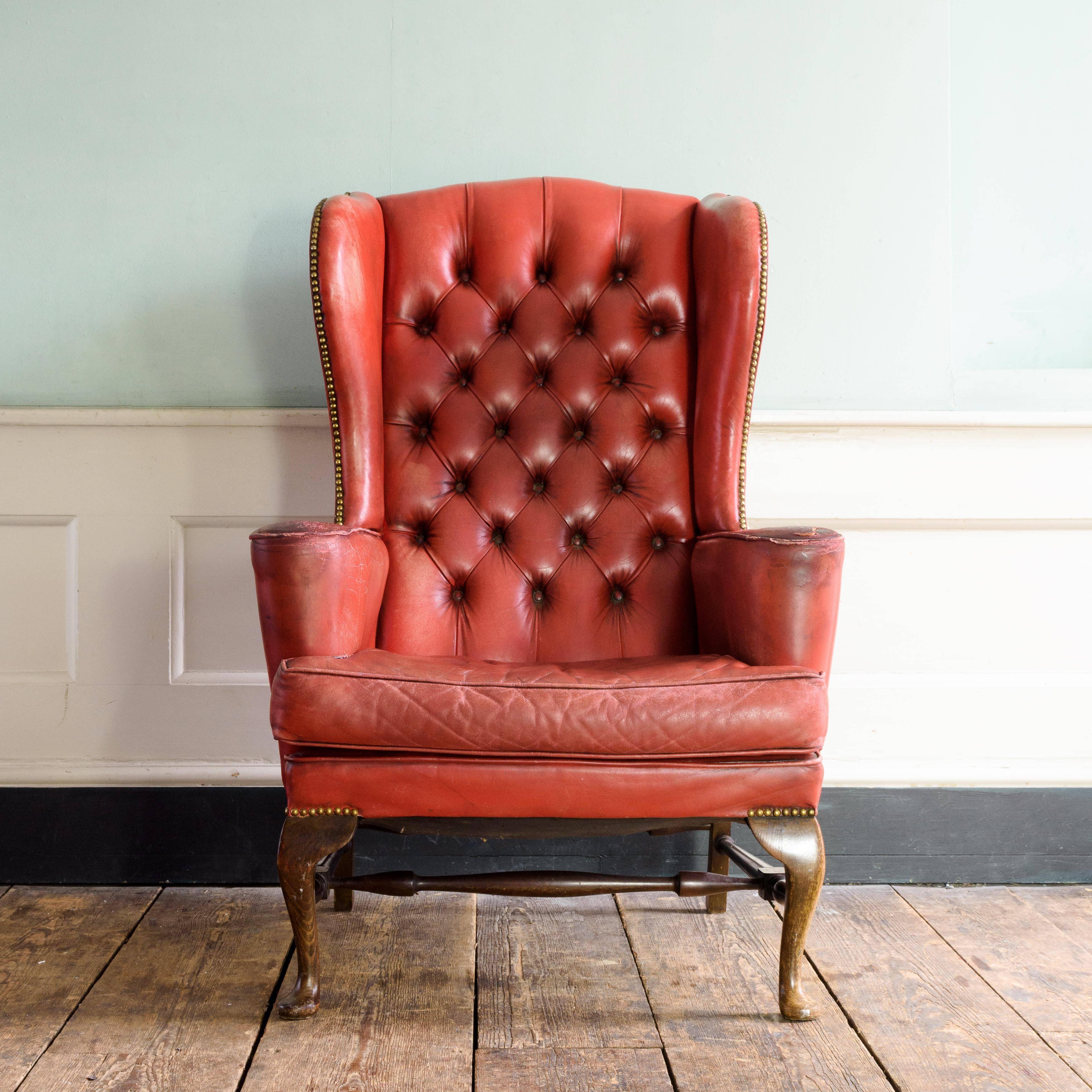 Red Leather Wingback Armchairs In Good Condition In London, GB