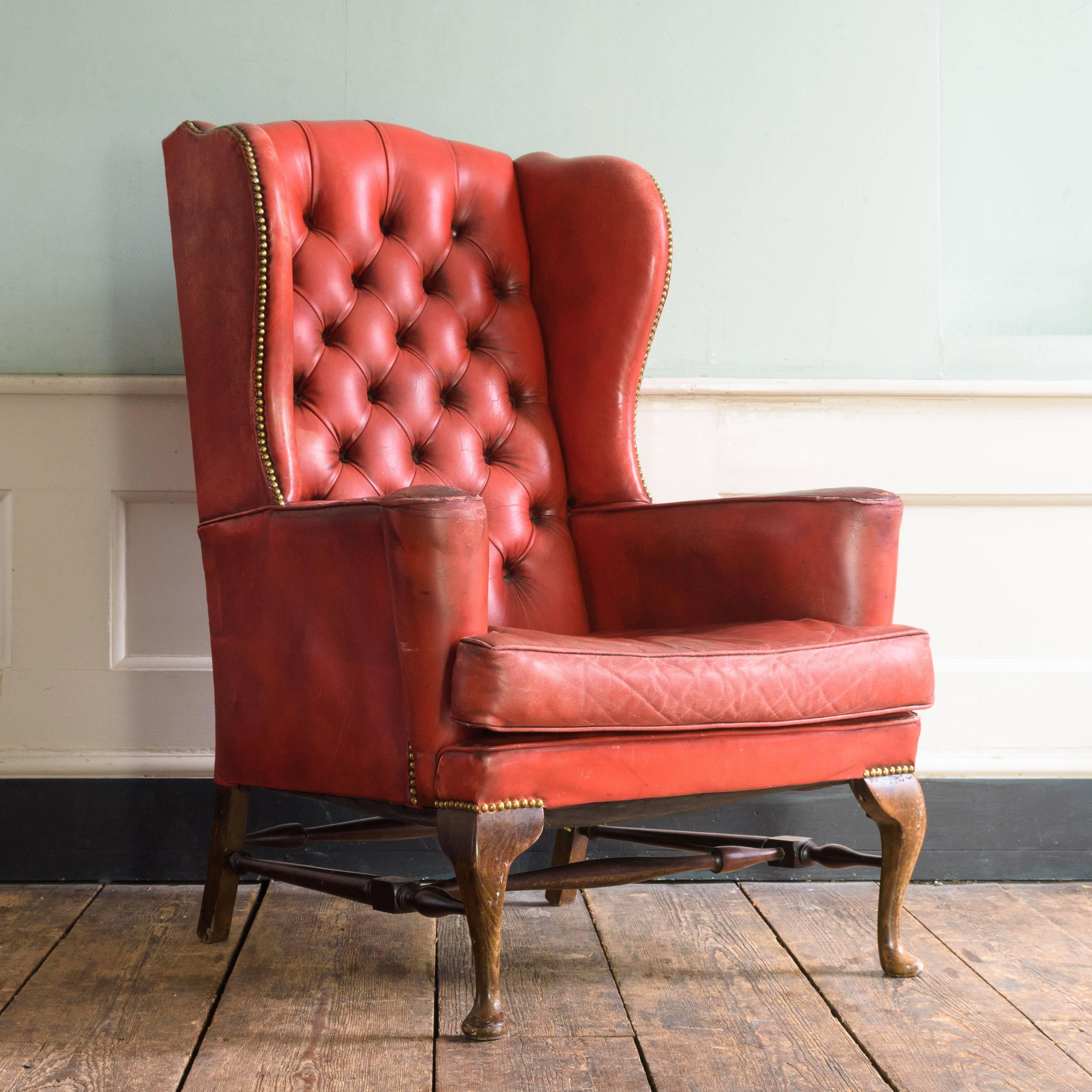 English Red Leather Wingback Armchairs