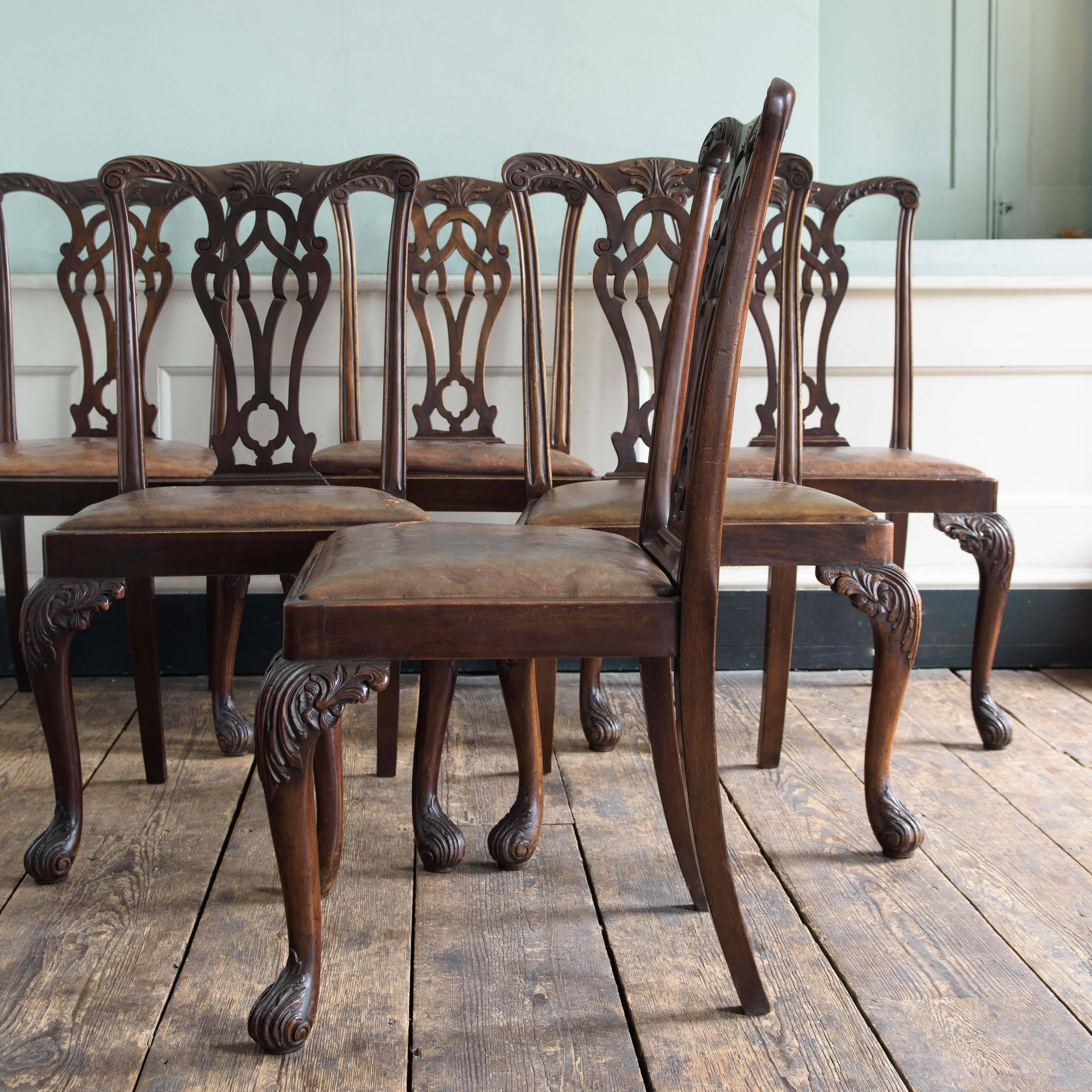 Set of six George III style mahogany dining chairs, early 20th century, the leaf carved top rails above fret carved splats on leaf and foliate carved cabriole legs with drop in leather seats.
