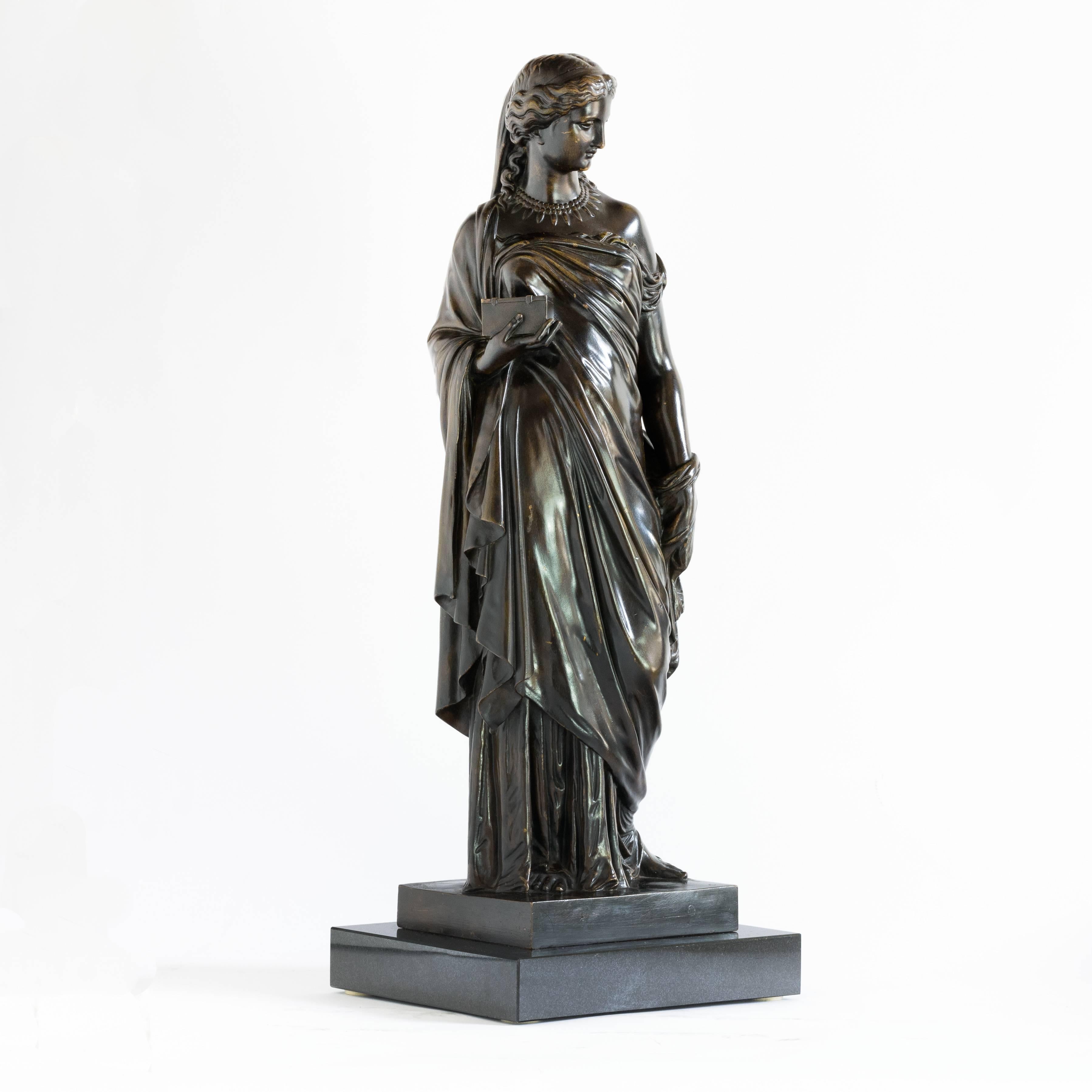 French mid-19th century bronze of Pandora, by Eugene Aizelin, circa 1865 and cast by the Barbedienne foundry, set on plinth base.