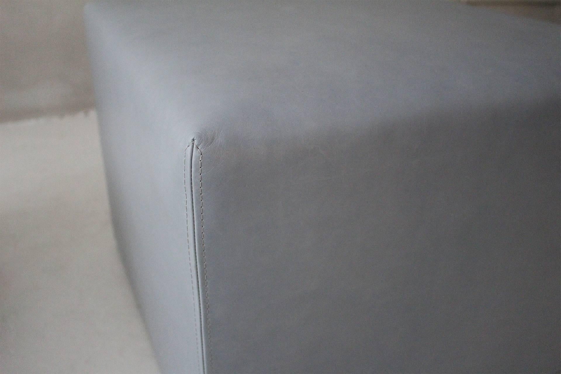 Availability
(2) available for immediate purchase; may be sold individually or as a pair

Details
- Fully upholstered 
- Top stitch detail
- Leather: Moore & Giles / Diablo / Powder Blue / 4788DPB.