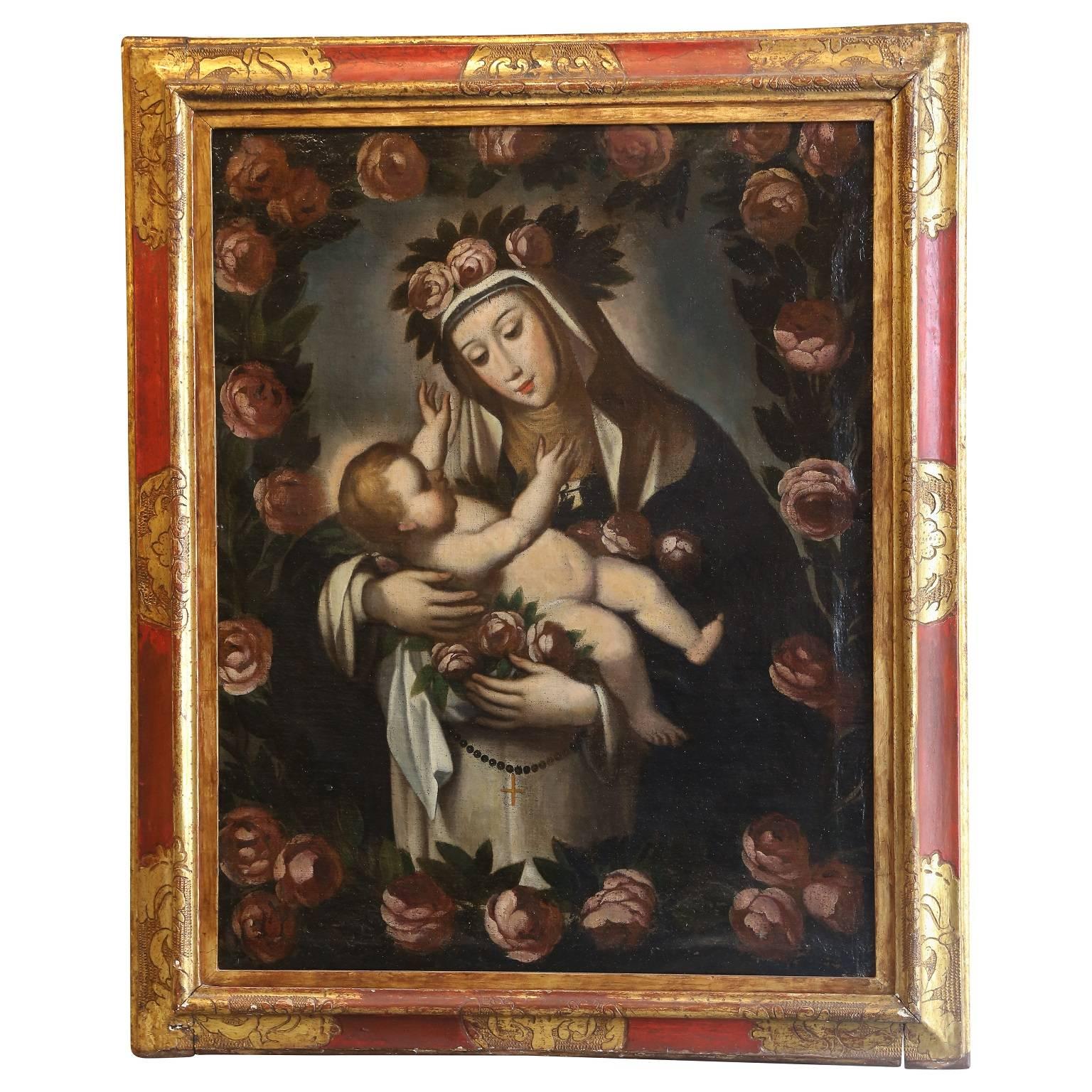 Late 18th Century Cuzco School Oil on Canvas of the Virgin with Child