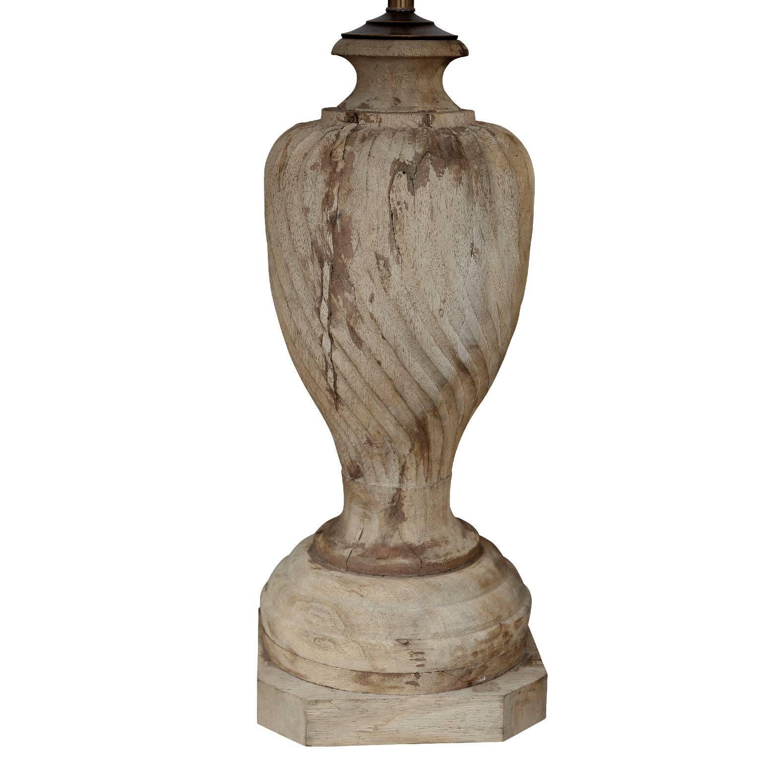 Large pair of carved wooden finials, newly wired with linen shades, as custom table lamps.