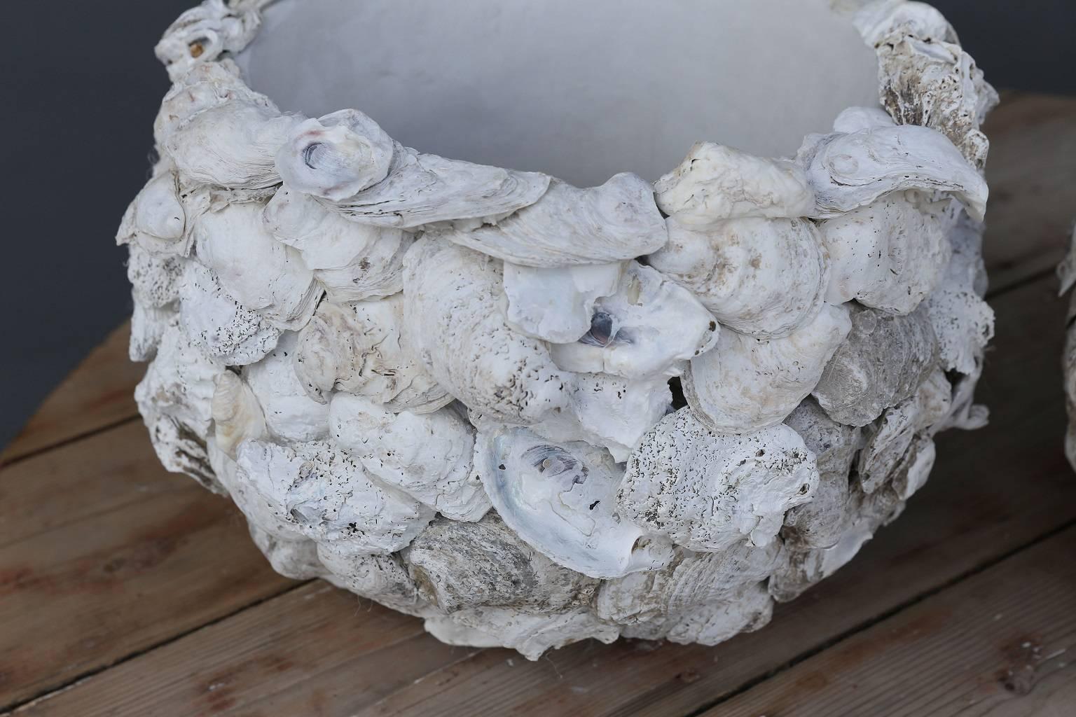 Pair of Oyster Shell Covered Cache Pots In Excellent Condition In Houston, TX