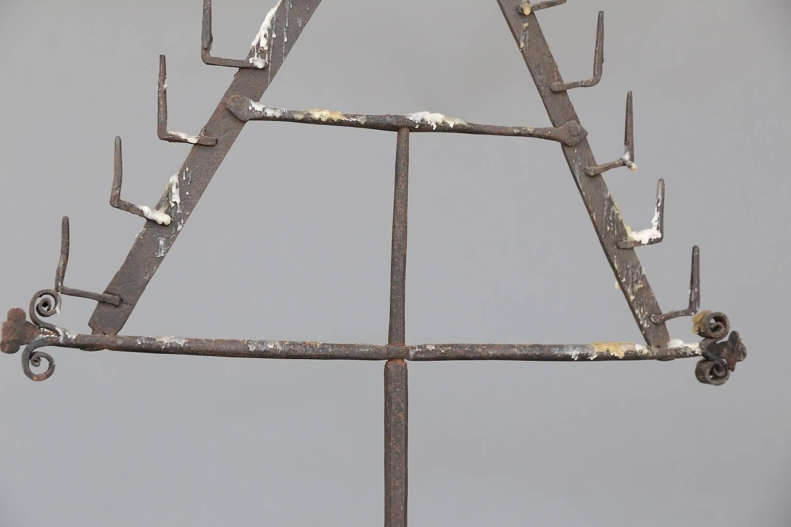 Wrought iron standing candelabra, hand forged in 19th century France in Renaissance style.