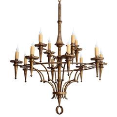Large Vintage Two-Tier Gilt Iron Chandelier with Twelve Lights