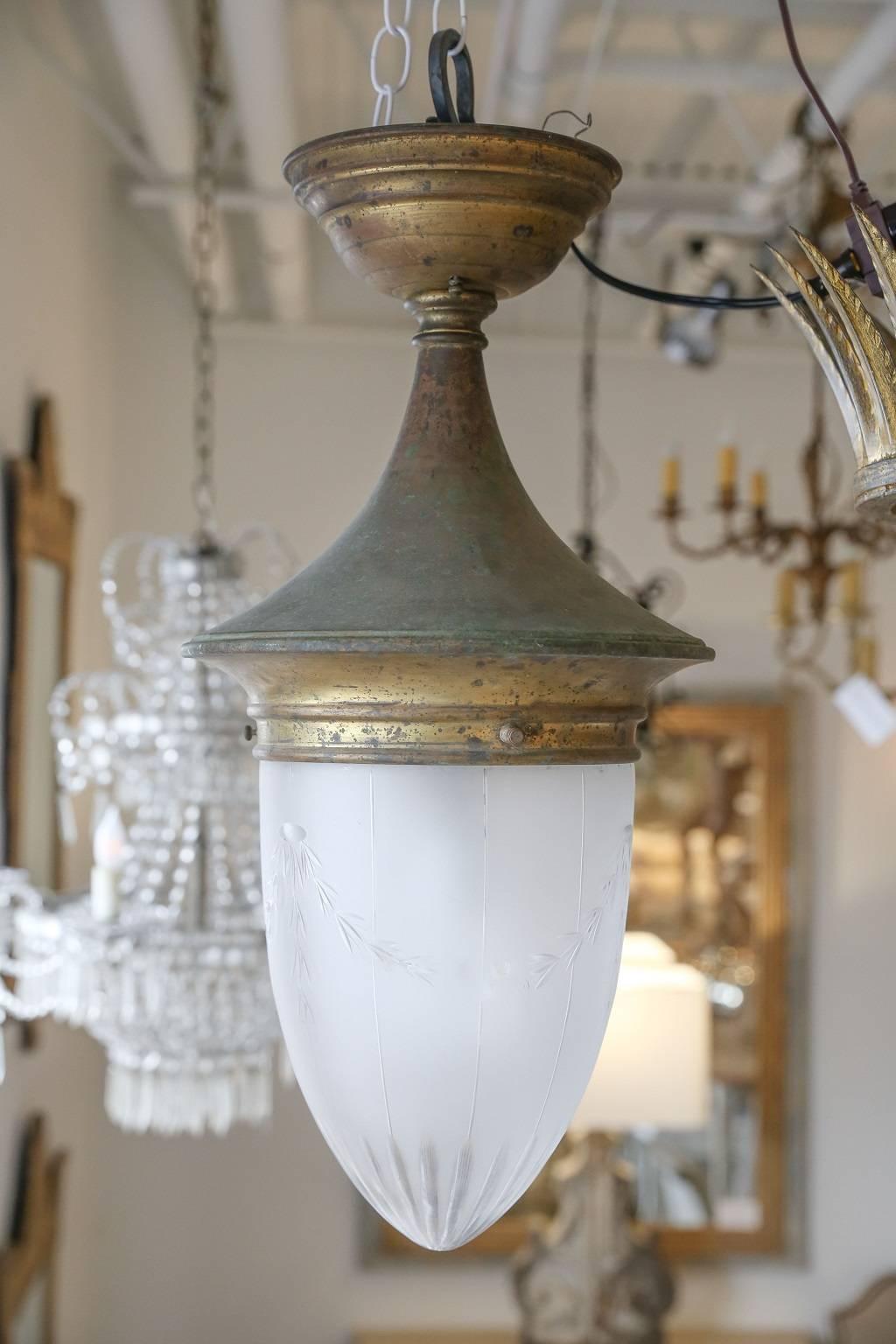 French Early 20th Century Gilded and Etched Glass Lantern