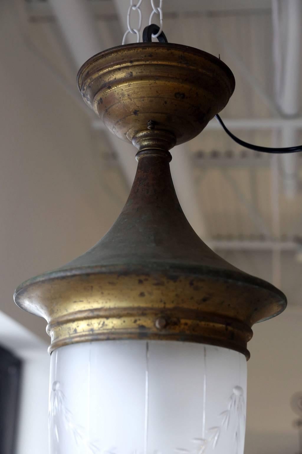 French single-light gilded tôle and etched glass flush-mount lantern.