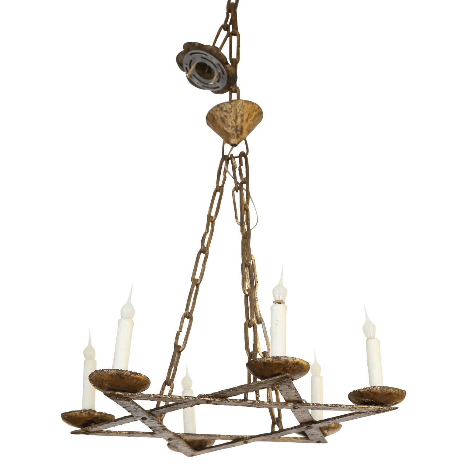 20th Century Hand-Forged Gilt Iron Belgian Chandelier