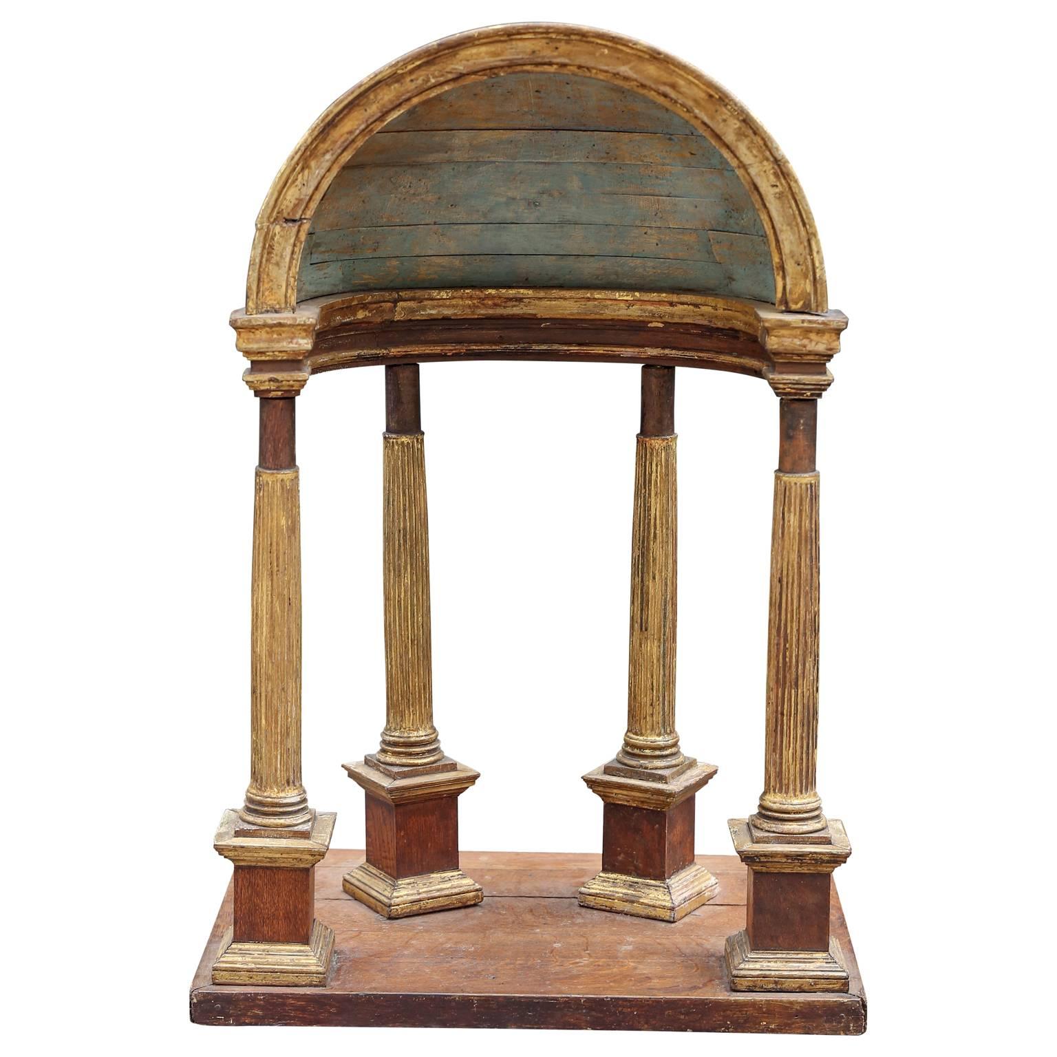 19th century oak baldachin or domed niche/architectural model with fluted giltwood columns/detail and weathered blue painted interior.