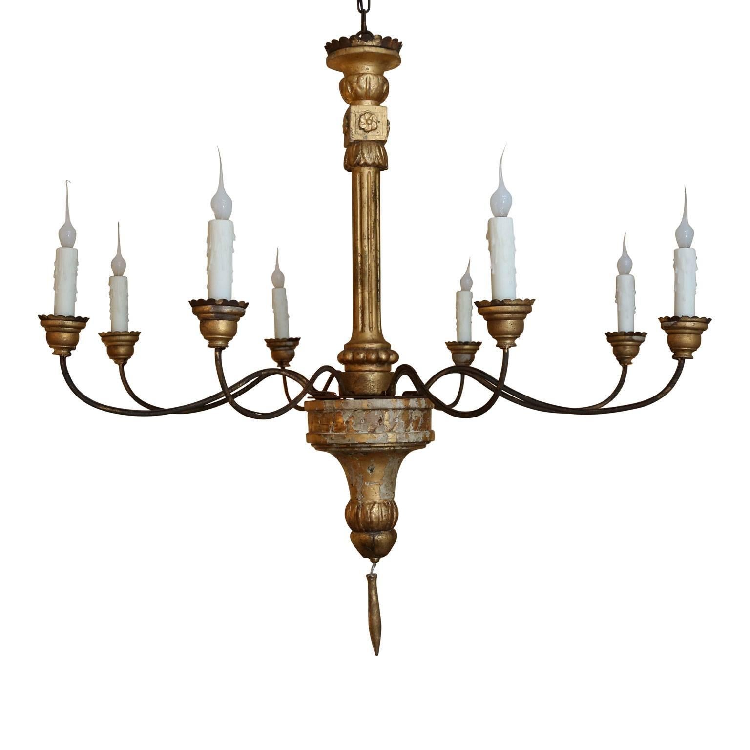 Hand-Carved Pair of Carved Giltwood Italian Chandeliers