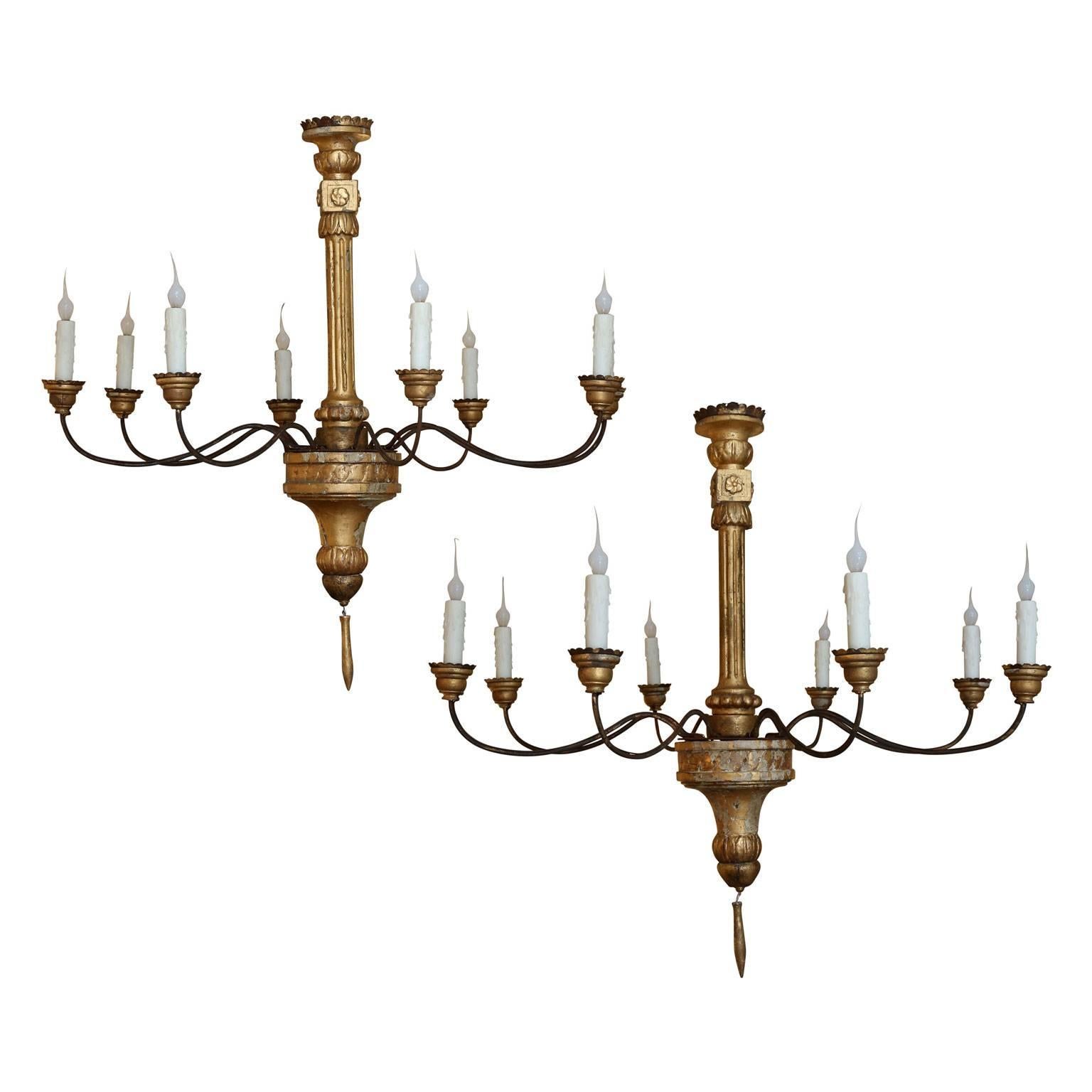 Pair of Carved Giltwood Italian Chandeliers