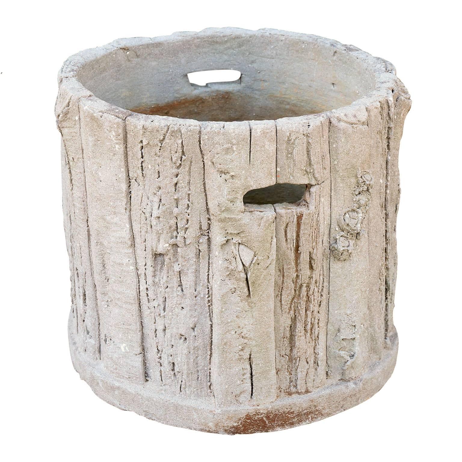 Vintage French Concrete Faux Bois Round Planter 1