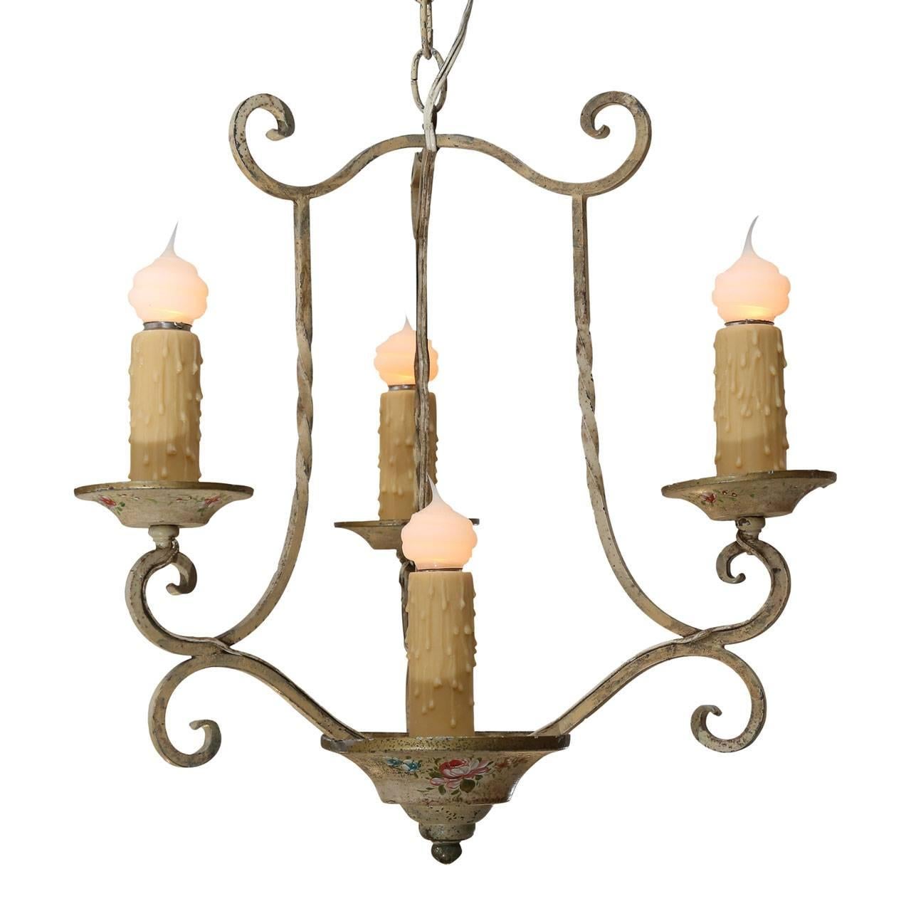 Hand-Painted Vintage Painted Iron Chandelier from France