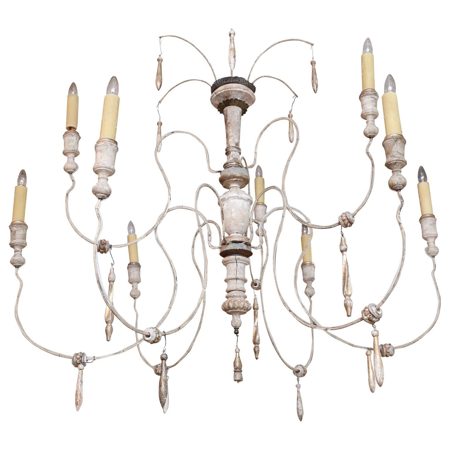 French Nine-Arm Wood and Iron Chandelier