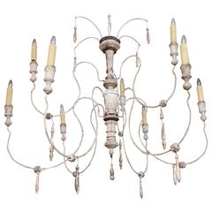 French Nine-Arm Wood and Iron Chandelier