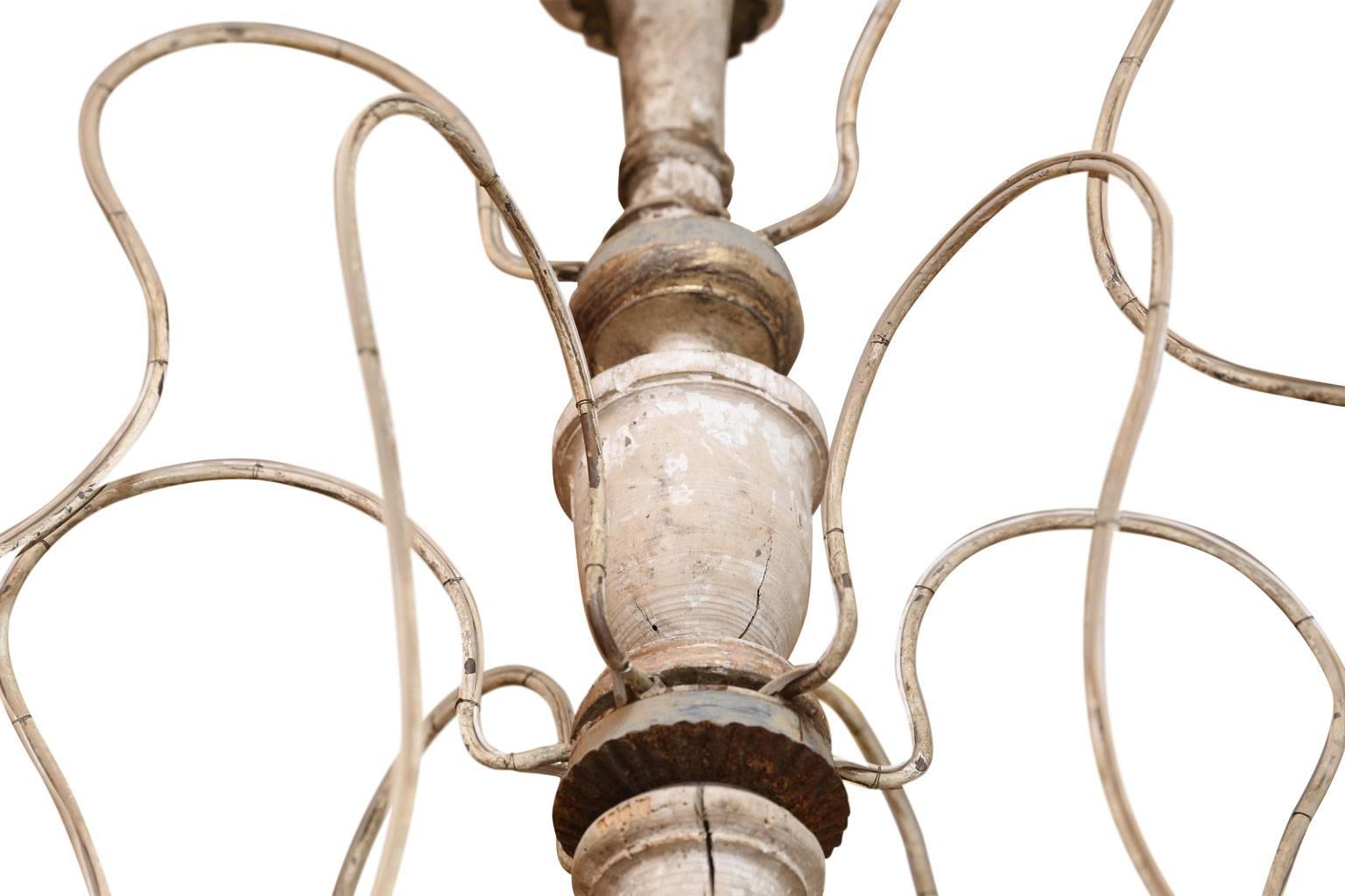 French Provincial French Nine-Arm Wood and Iron Chandelier
