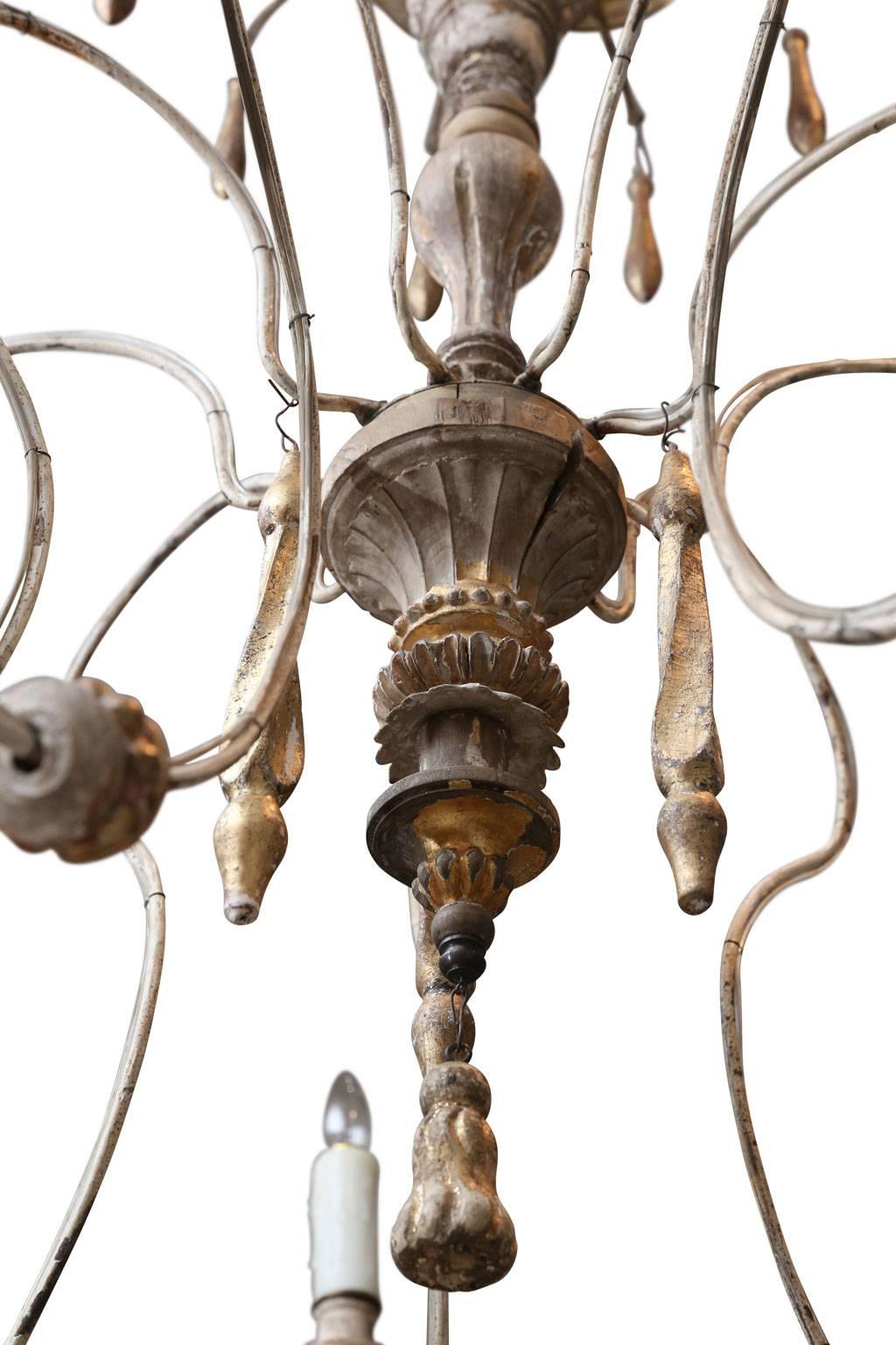 French Eight-Arm Wood and Iron Chandelier from France
