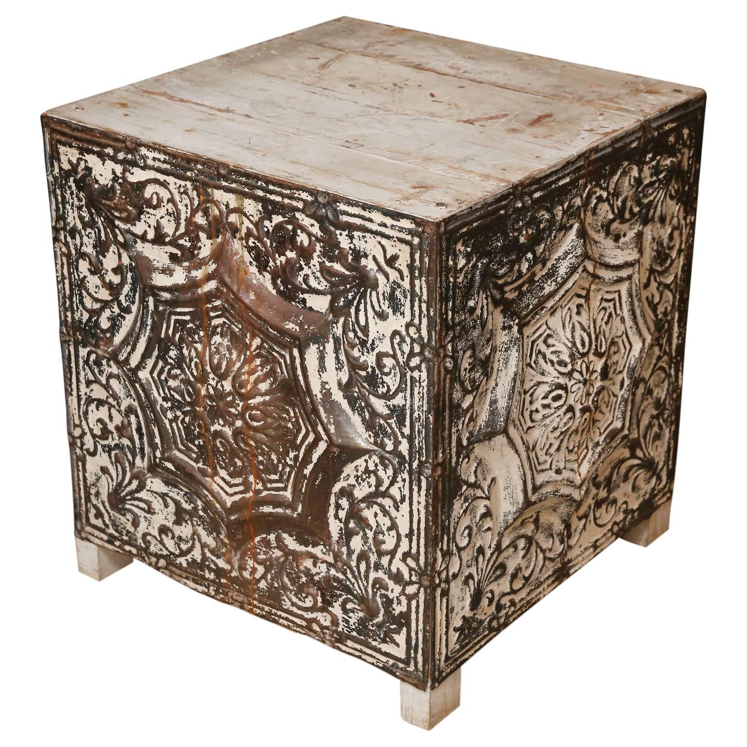 Hand-Painted Decorative Metal and Wood Cube-Shape Table
