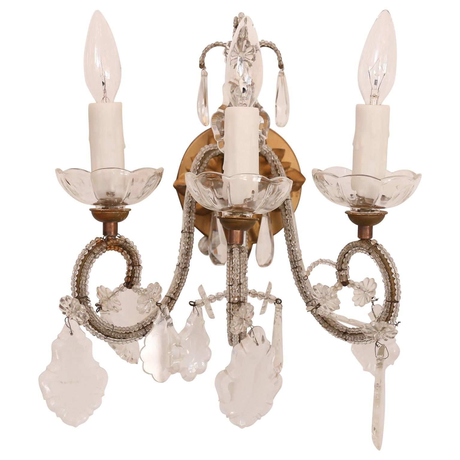 Neoclassical Set of Four Vintage Italian Beaded Gilt Iron and Crystal Sconces