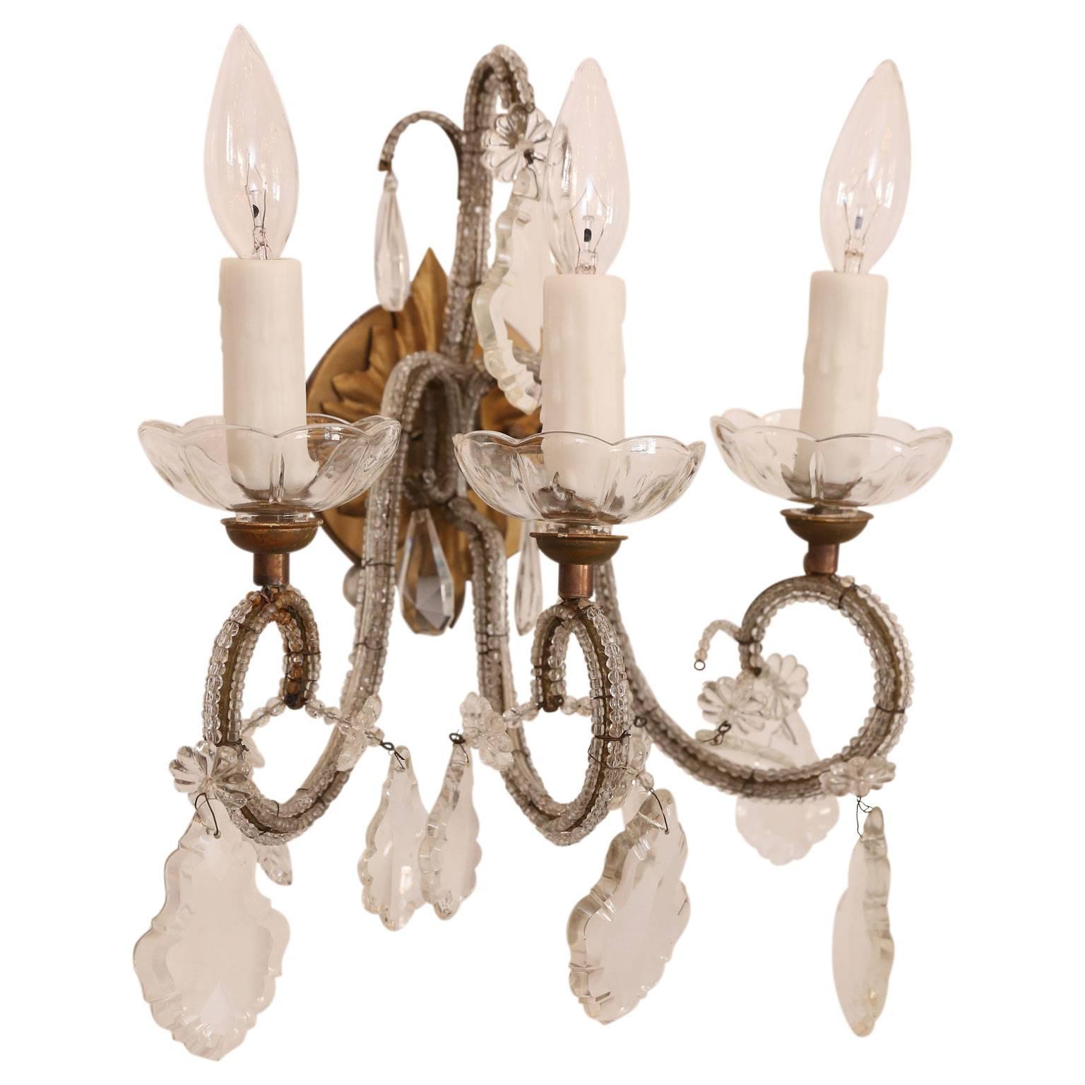 Set of Four Vintage Italian Beaded Gilt Iron and Crystal Sconces In Excellent Condition In Houston, TX