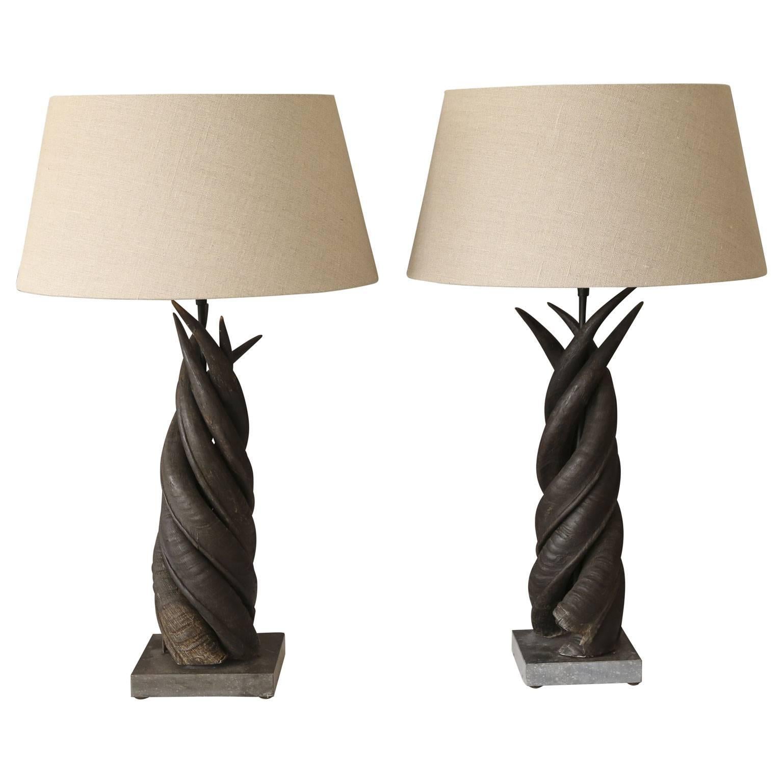 Polished Pair of Spiraled Horn Table Lamps