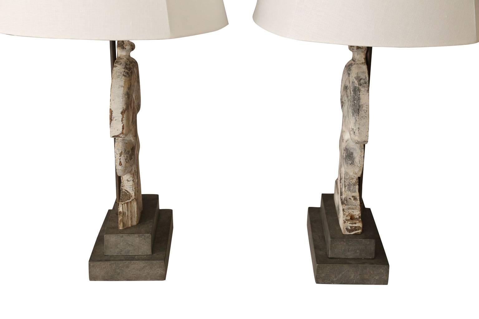 Hand-Carved Pair of Custom Table Lamps from 19th Century Fragments