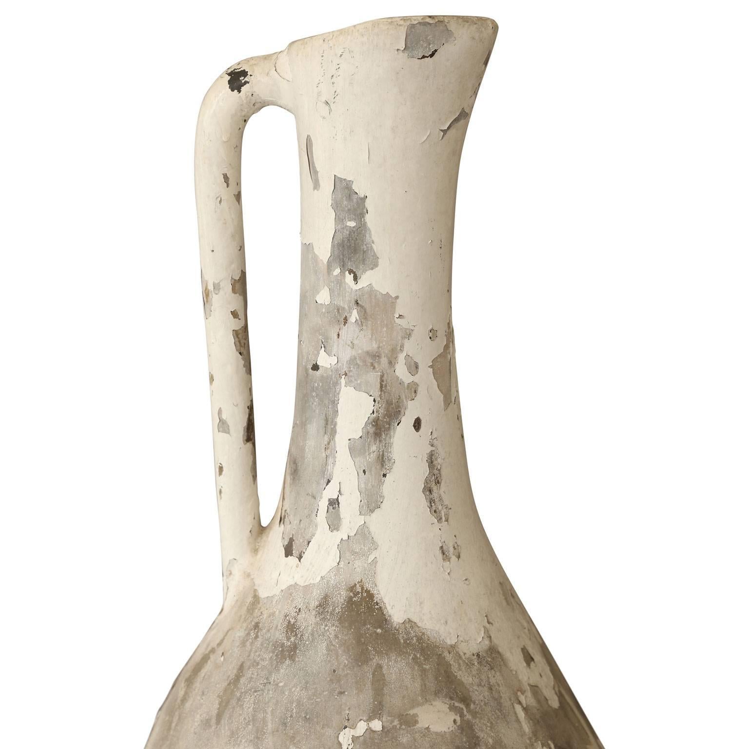Large, very decorative vintage composite ewer (single handle long-necked vase or pitcher) with remnants of original paint.