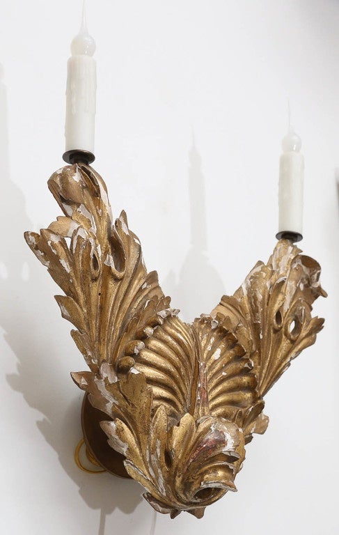 Pair of Intricately Carved Italian Sconces In Good Condition In Houston, TX