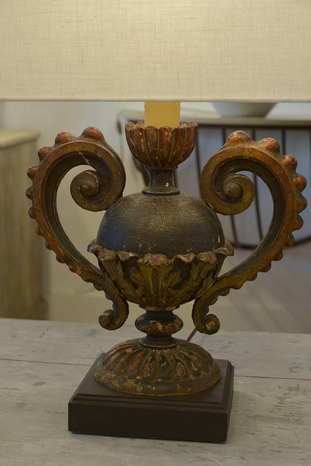 18th century Italian urn-shape architectural fragment mounted on base and newly wired as custom table lamp with linen shade.