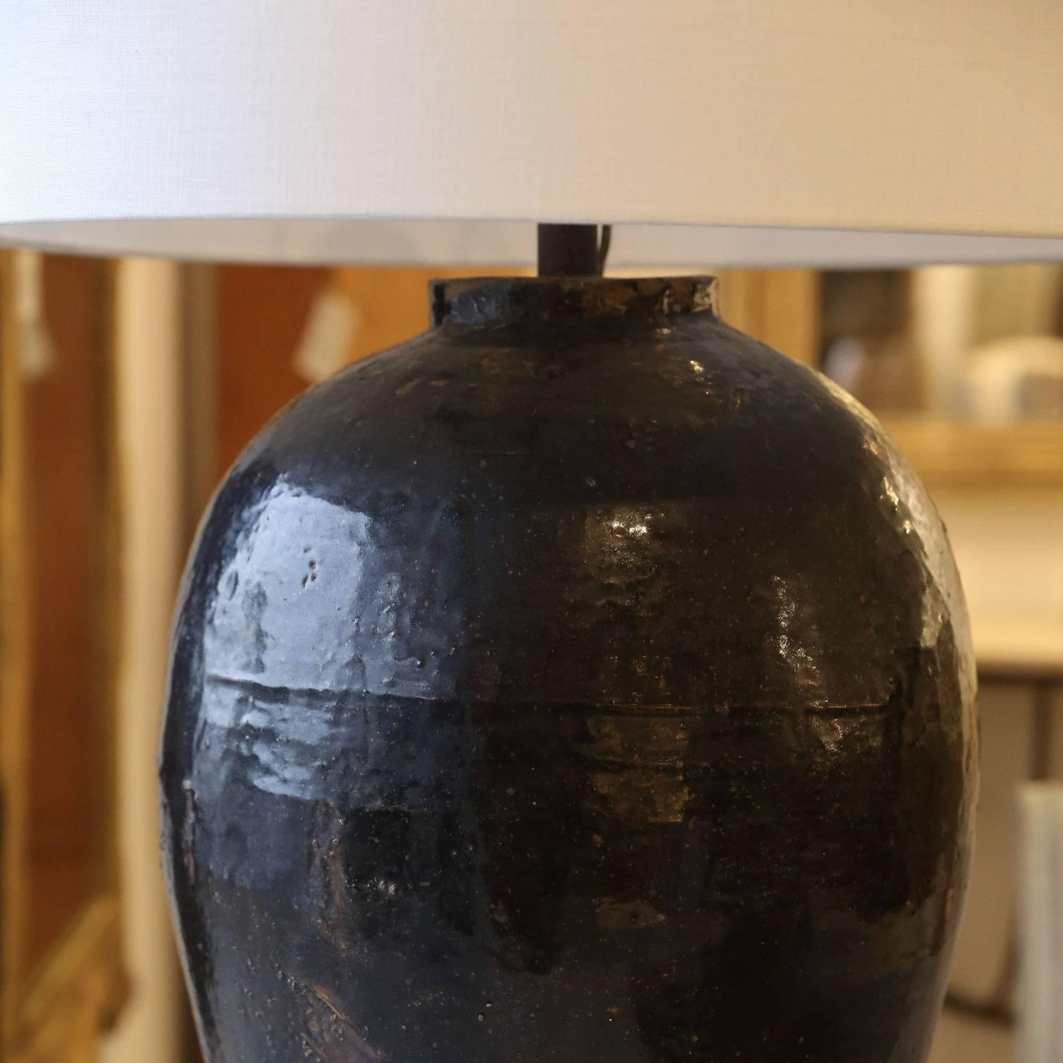 18th Century Dark Chocolate Color Glazed French Urn as Custom Table Lamp In Excellent Condition In Houston, TX