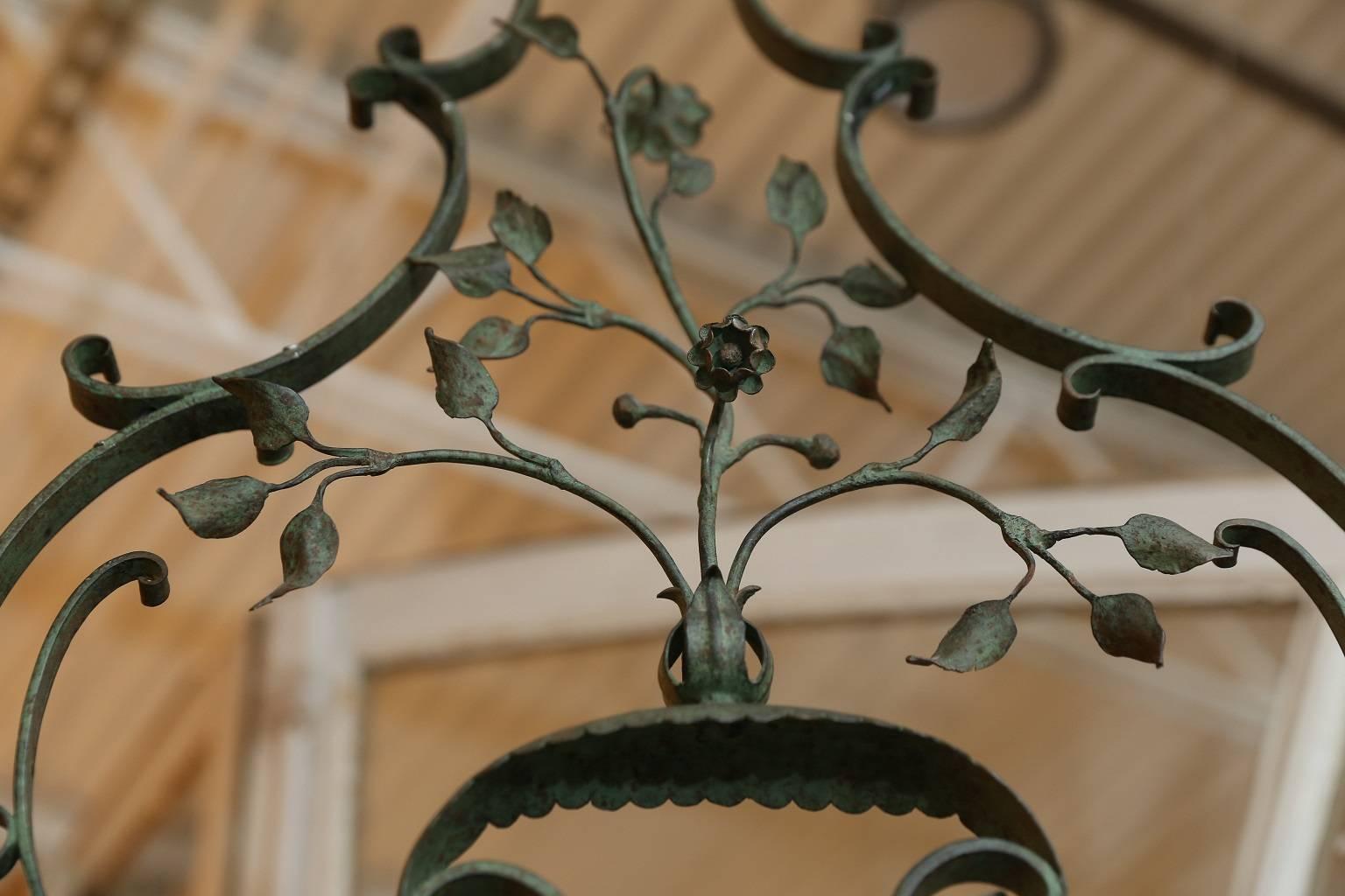 Art Nouveau French Wrought Iron Green Painted Four-Arm Chandelier